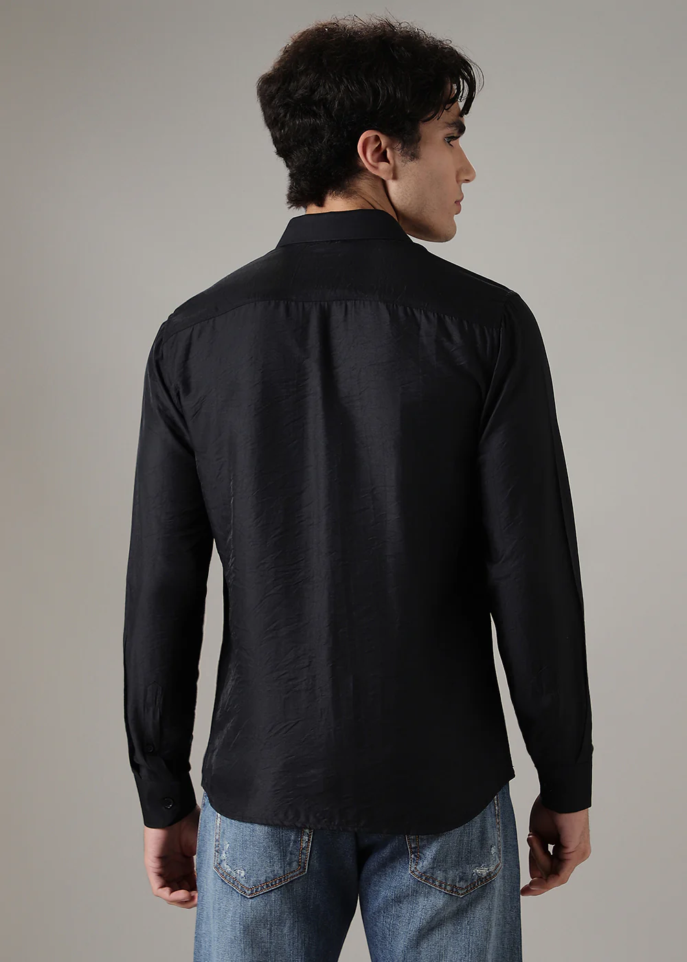 Black Plain Crushed Satin Shirt - Image 4