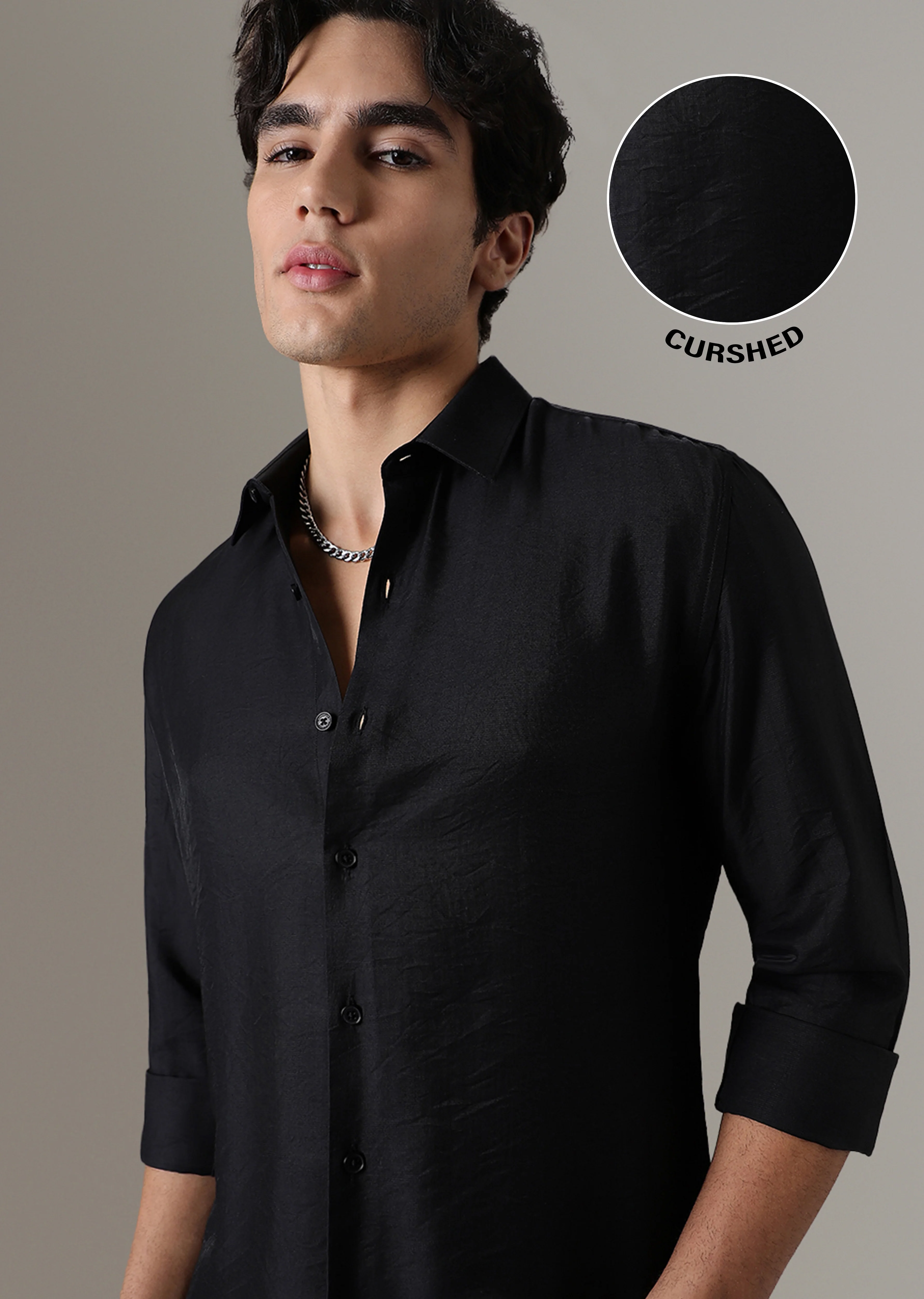 Black Plain Crushed Satin Shirt - Image 6