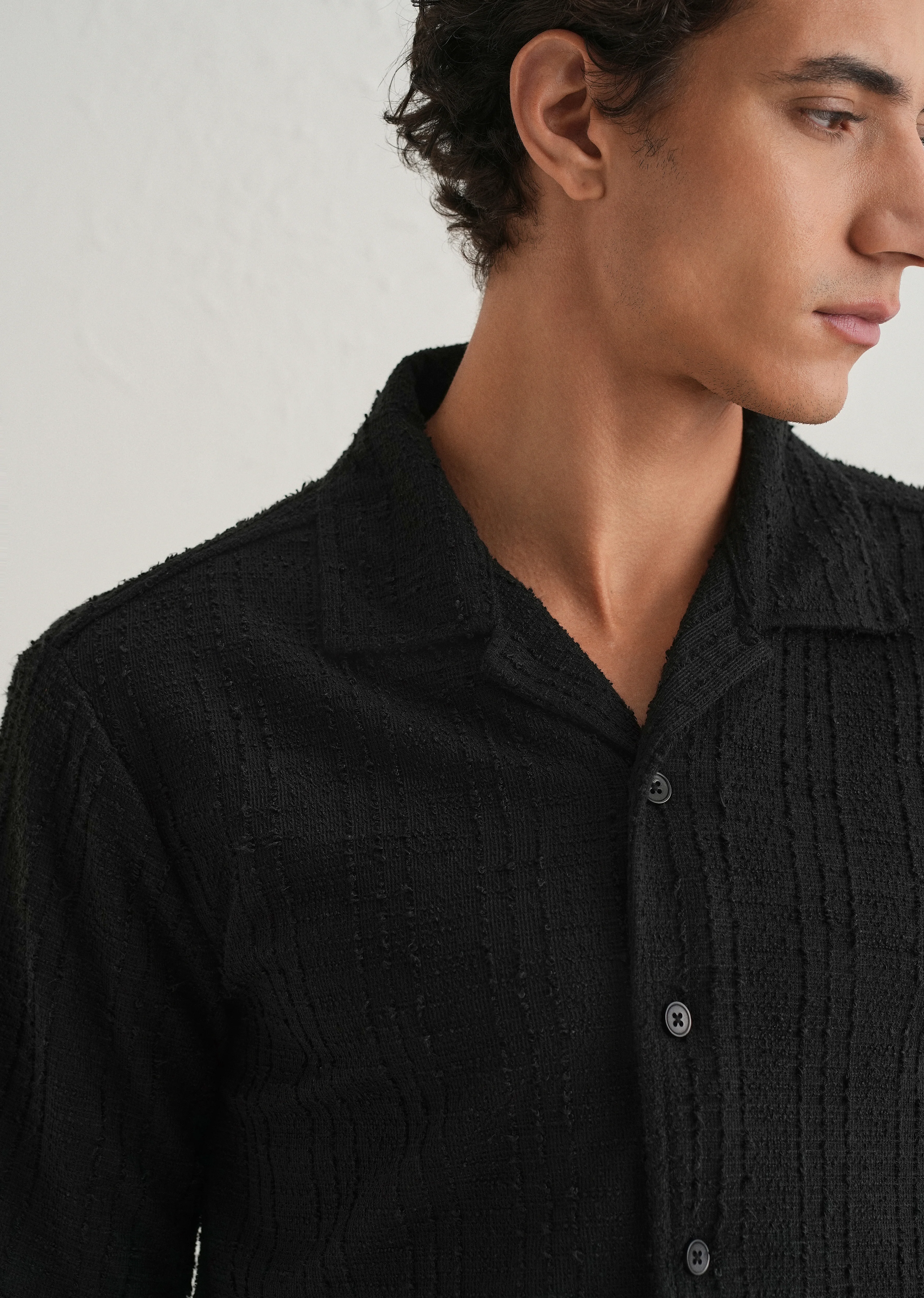 Black Plain Cuban Collar Knitted Shirt - Image 5