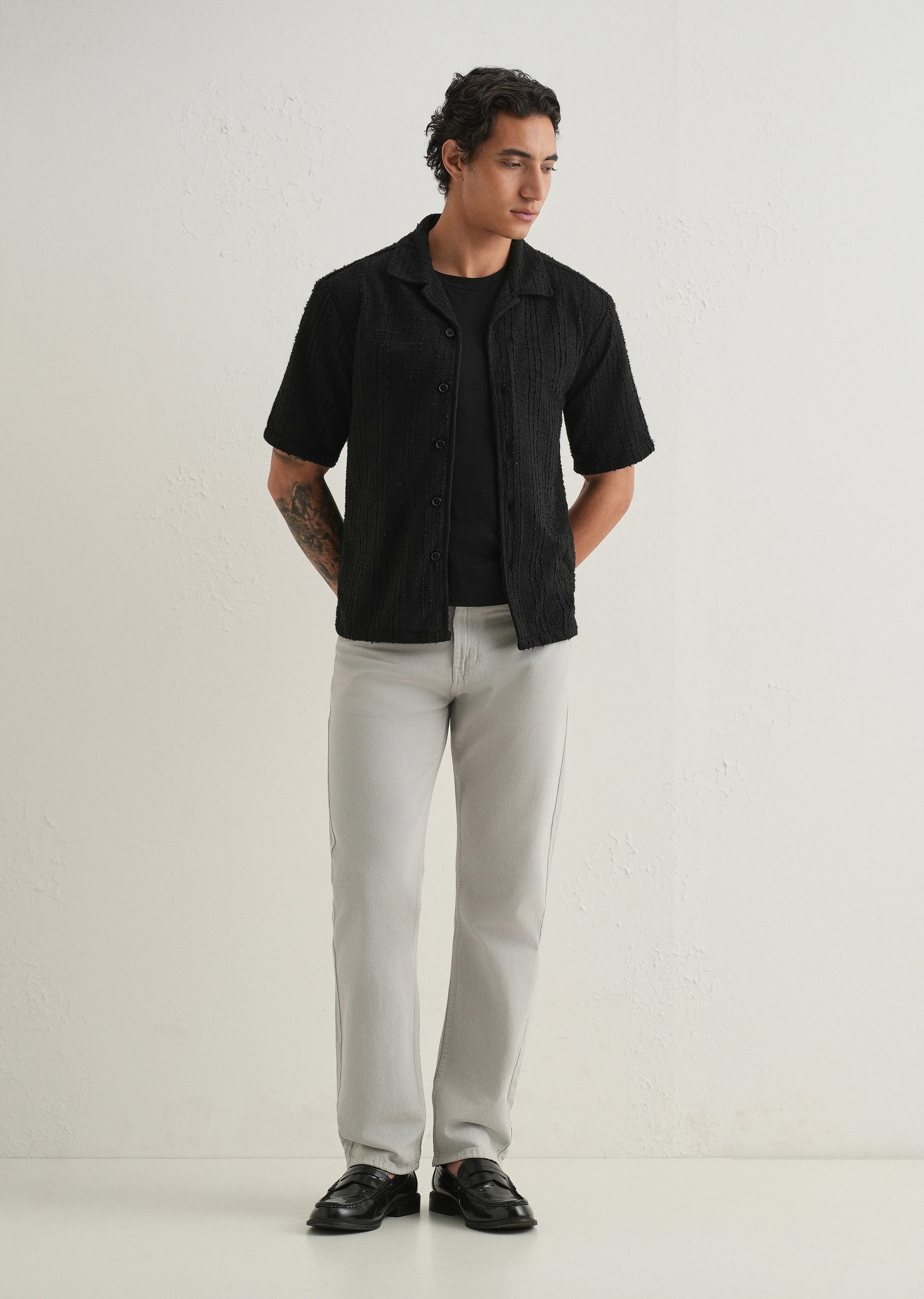 Black Plain Cuban Collar Knitted Shirt - Image 6