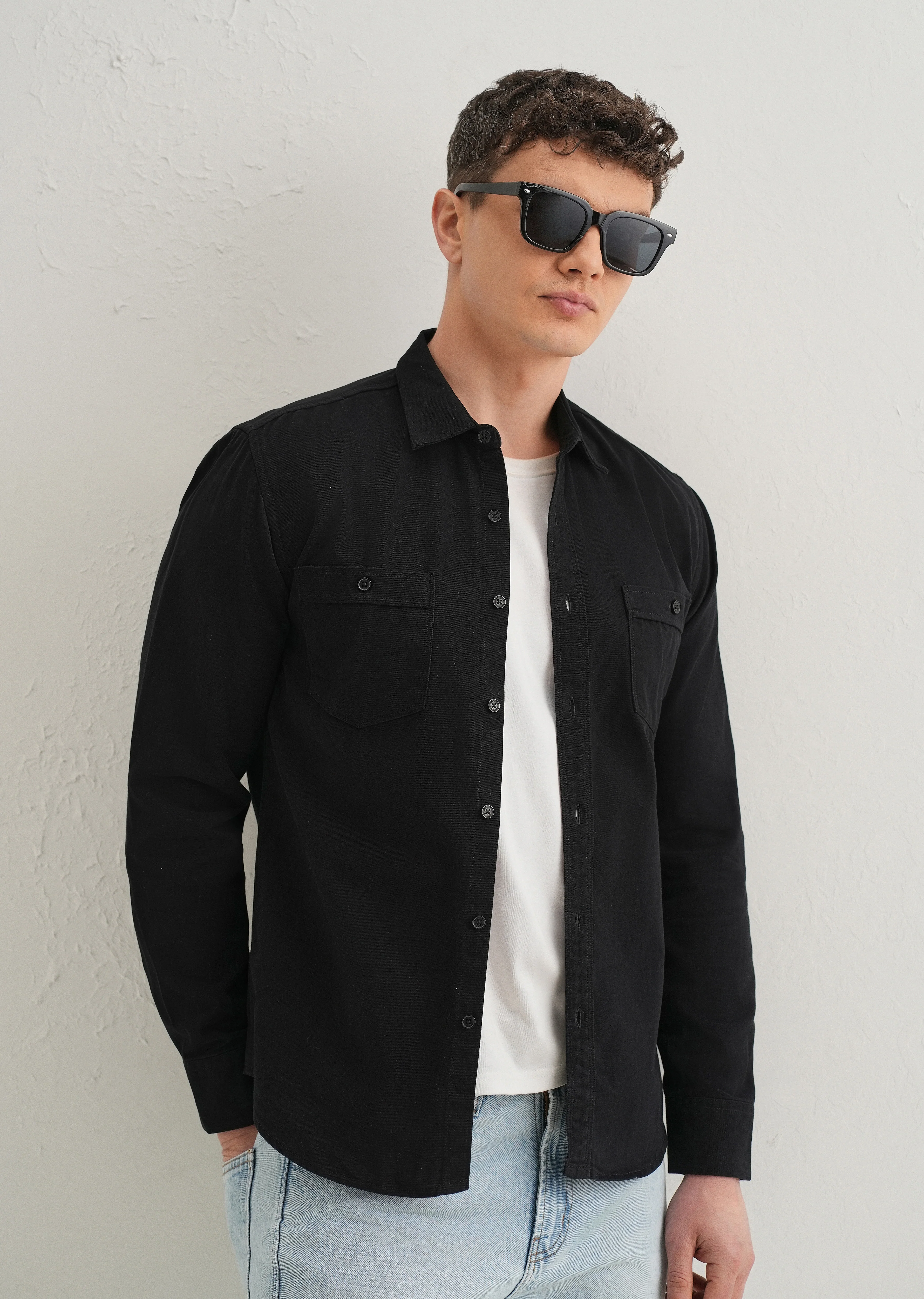 Black Plain Double Pocket Shirt - Image 7