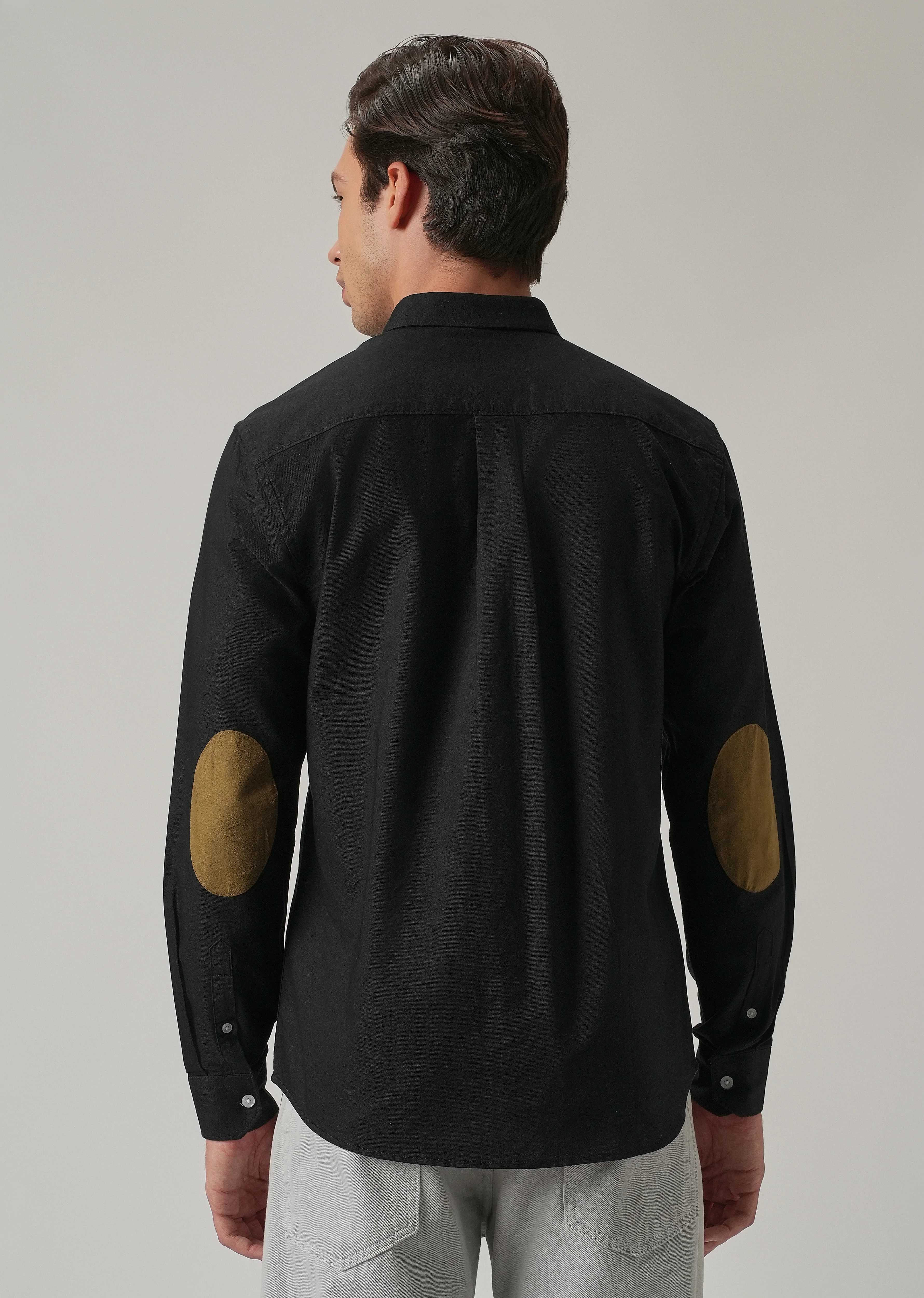 Black Plain Elbow Patch Oxford Shirt - Image 3
