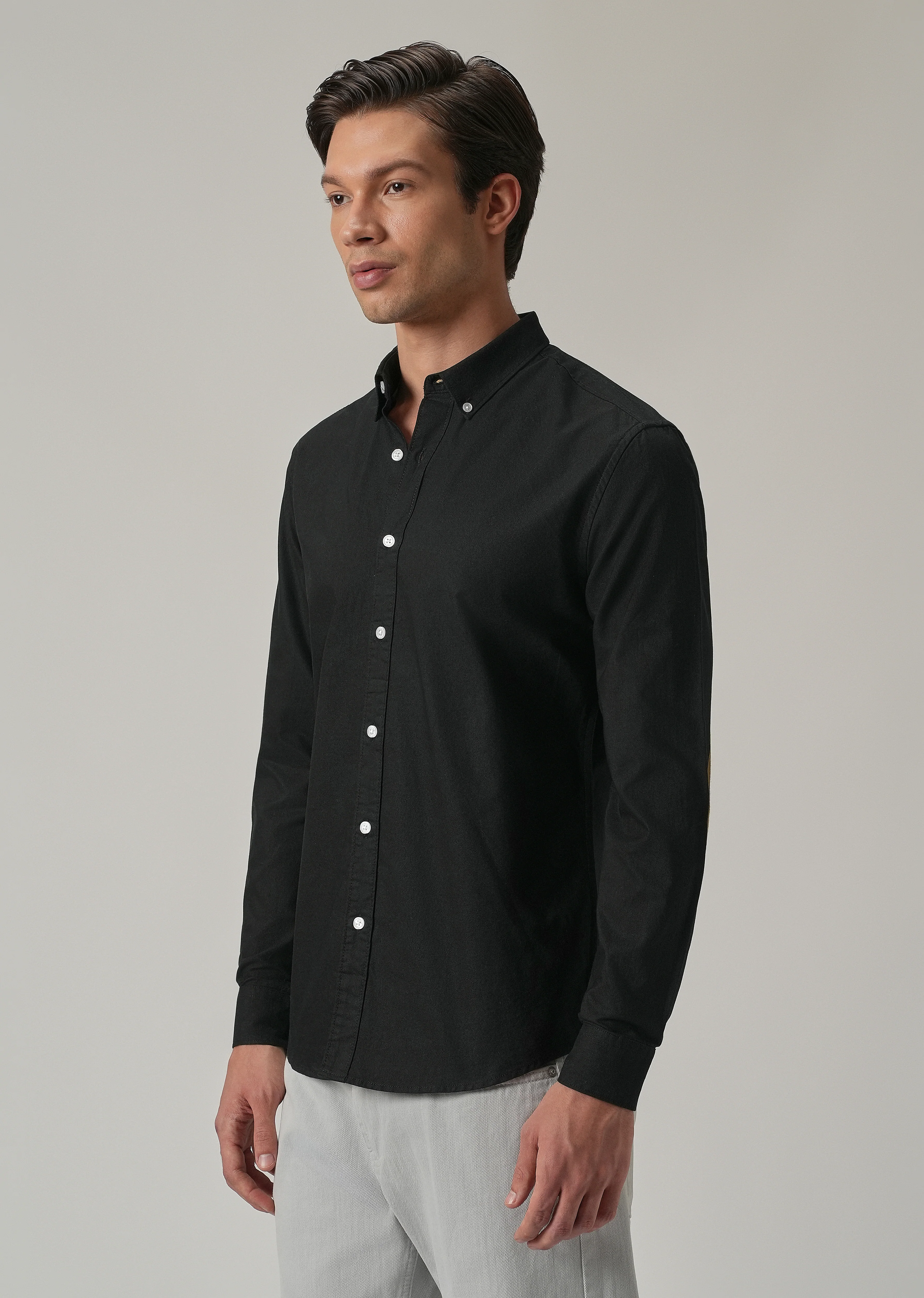 Black Plain Elbow Patch Oxford Shirt - Image 4