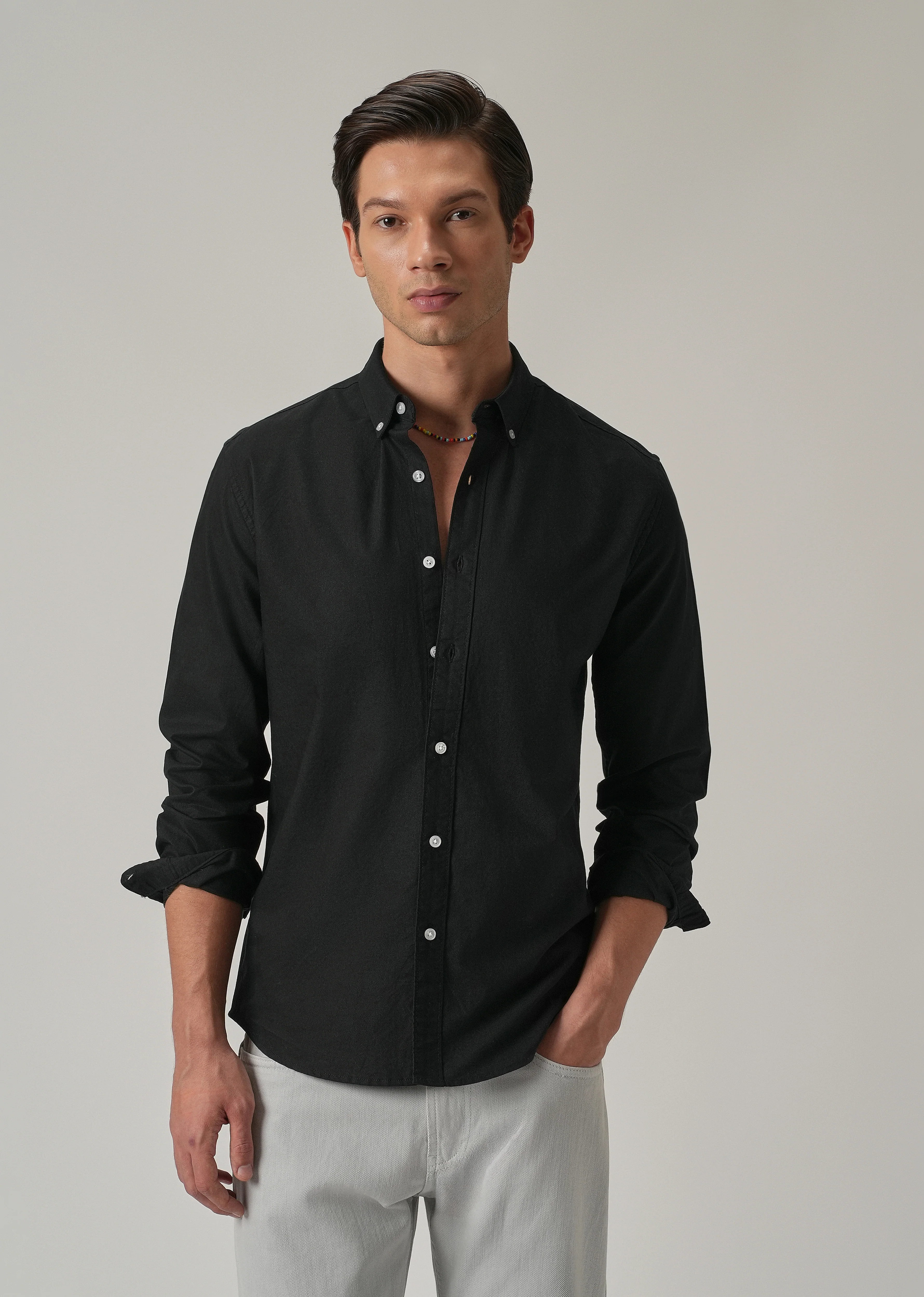 Black Plain Elbow Patch Oxford Shirt - Image 7