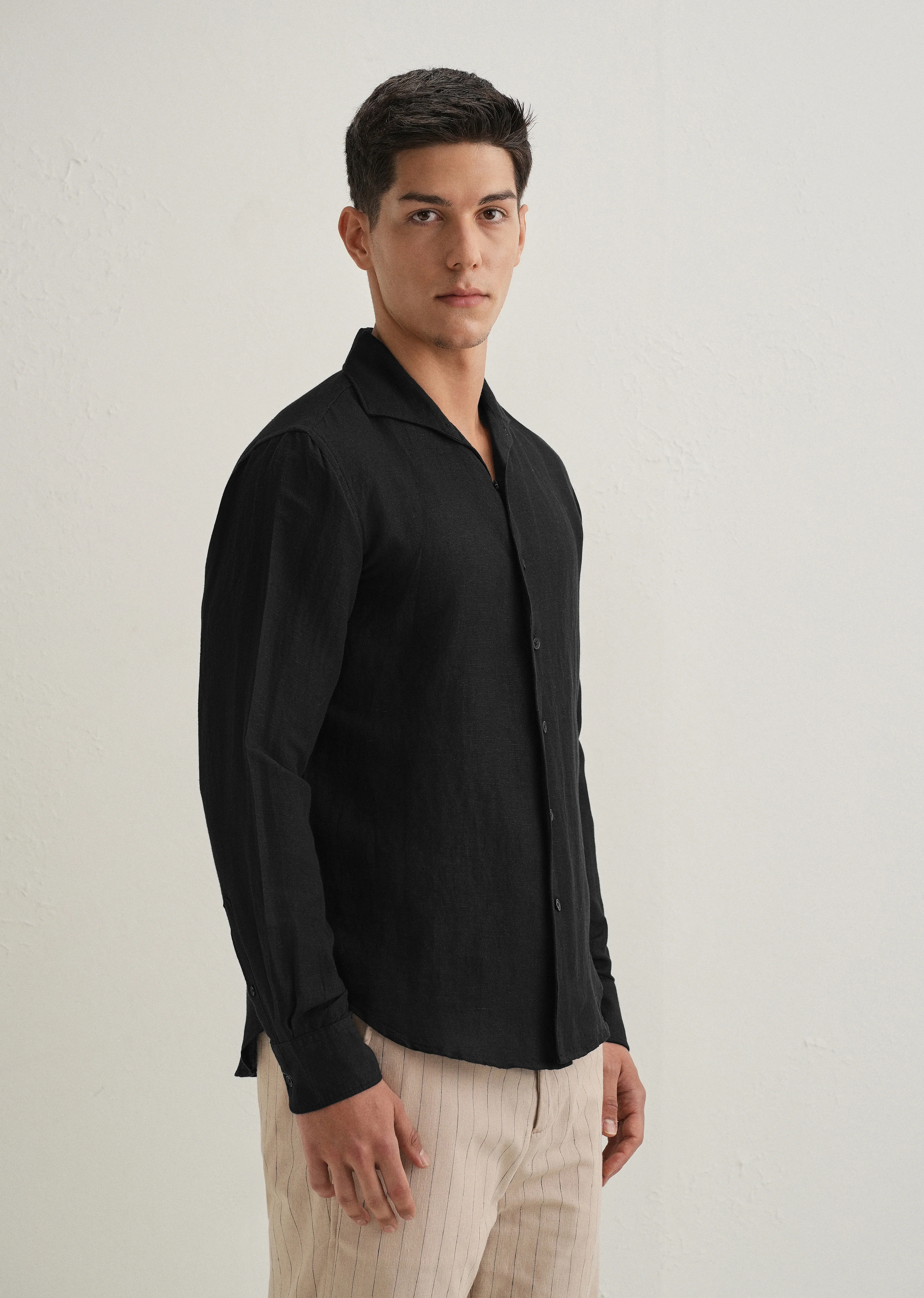 Black Plain Linen Viscose Shirt - Image 5