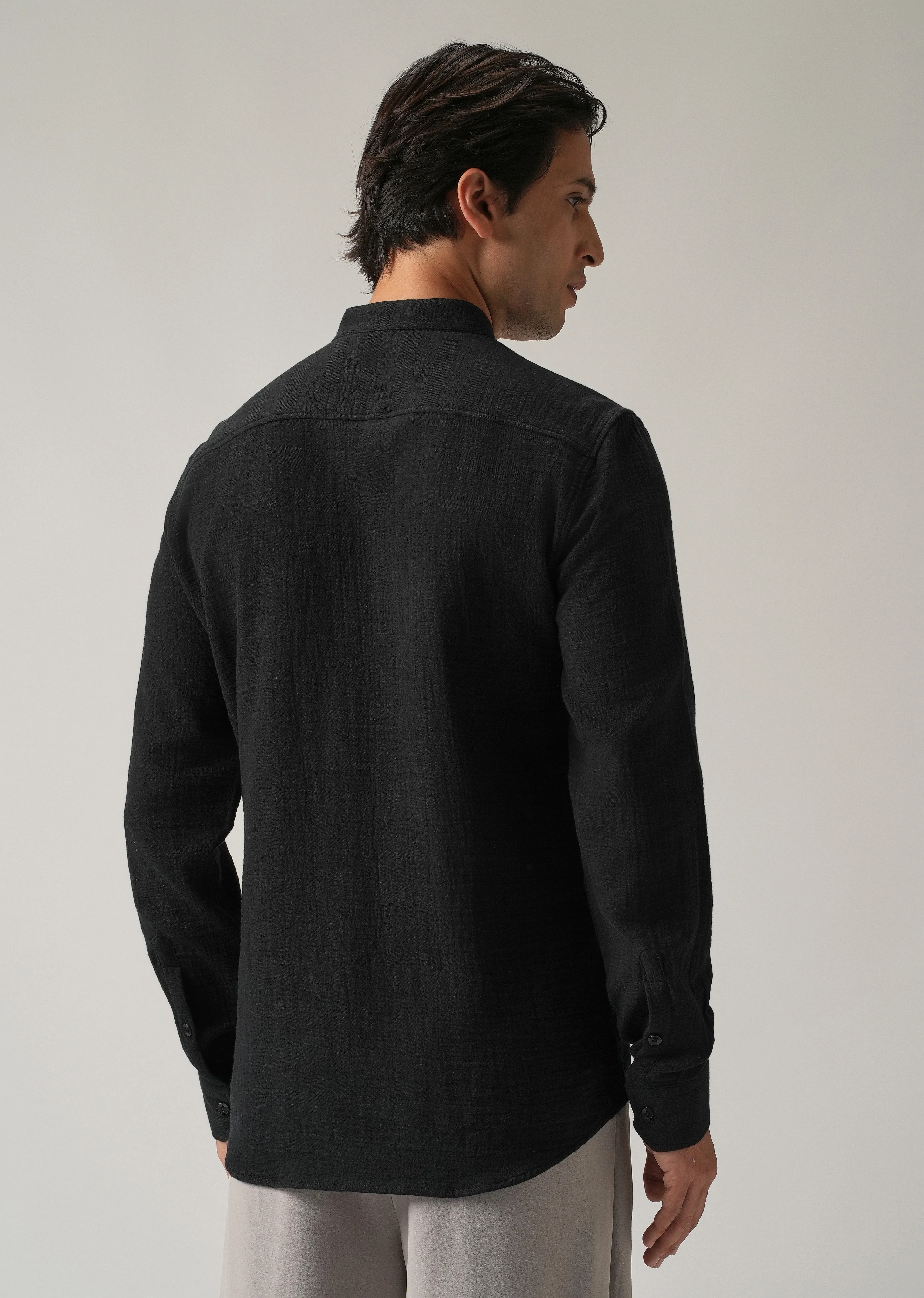 Black Plain Mandarin Collar Cotton Shirt - Image 2