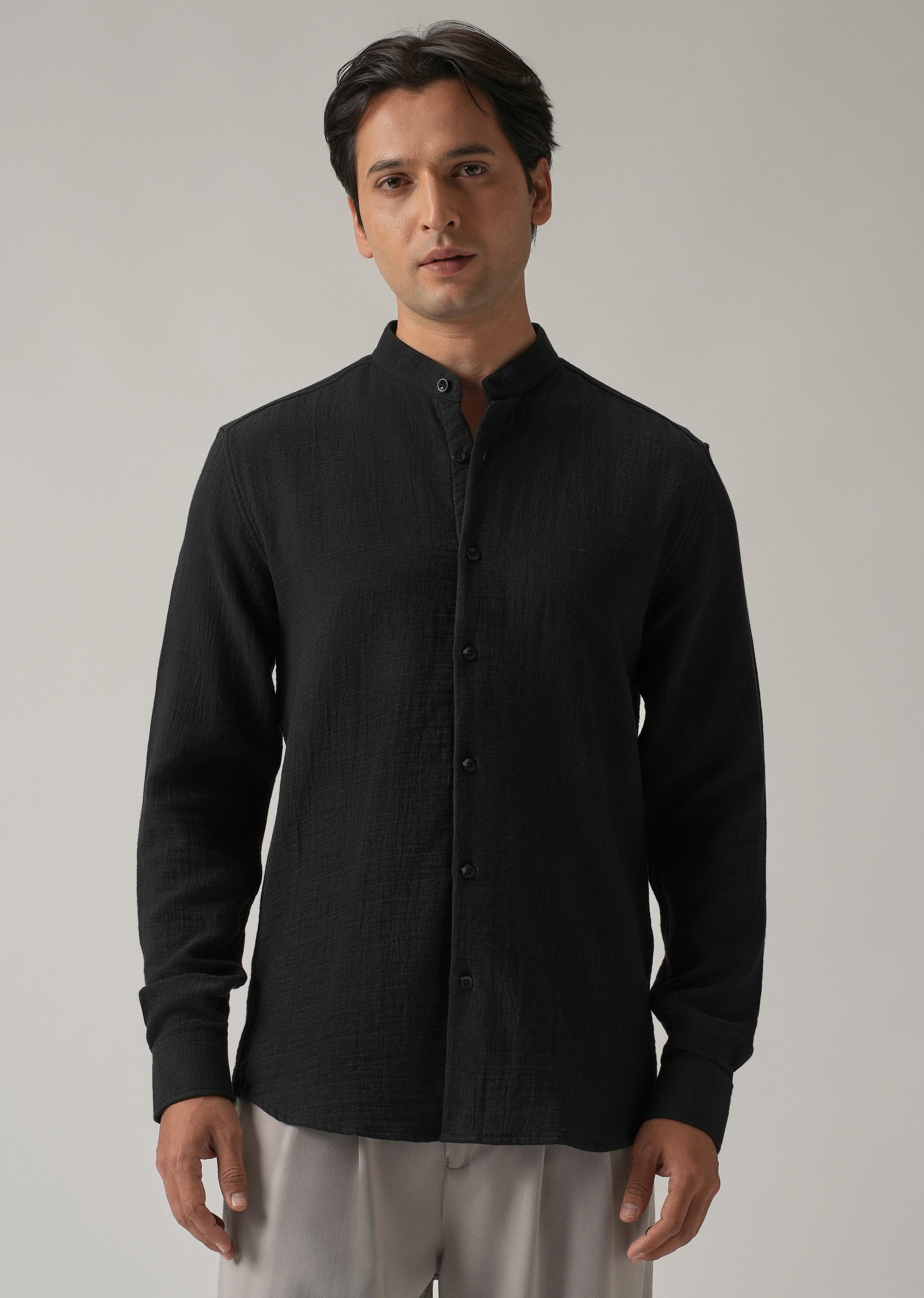 Black Plain Mandarin Collar Cotton Shirt - Image 3