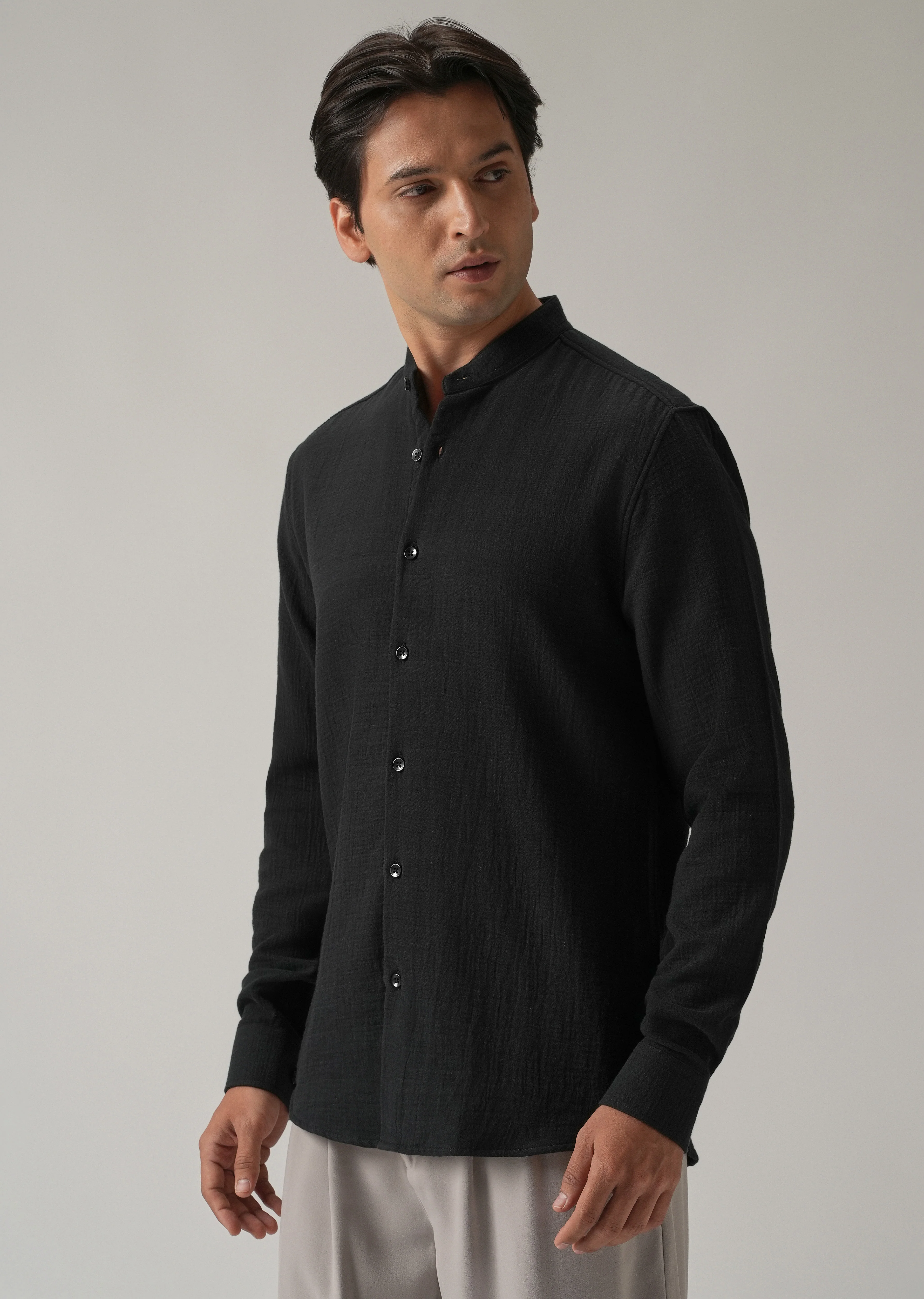 Black Plain Mandarin Collar Cotton Shirt - Image 4