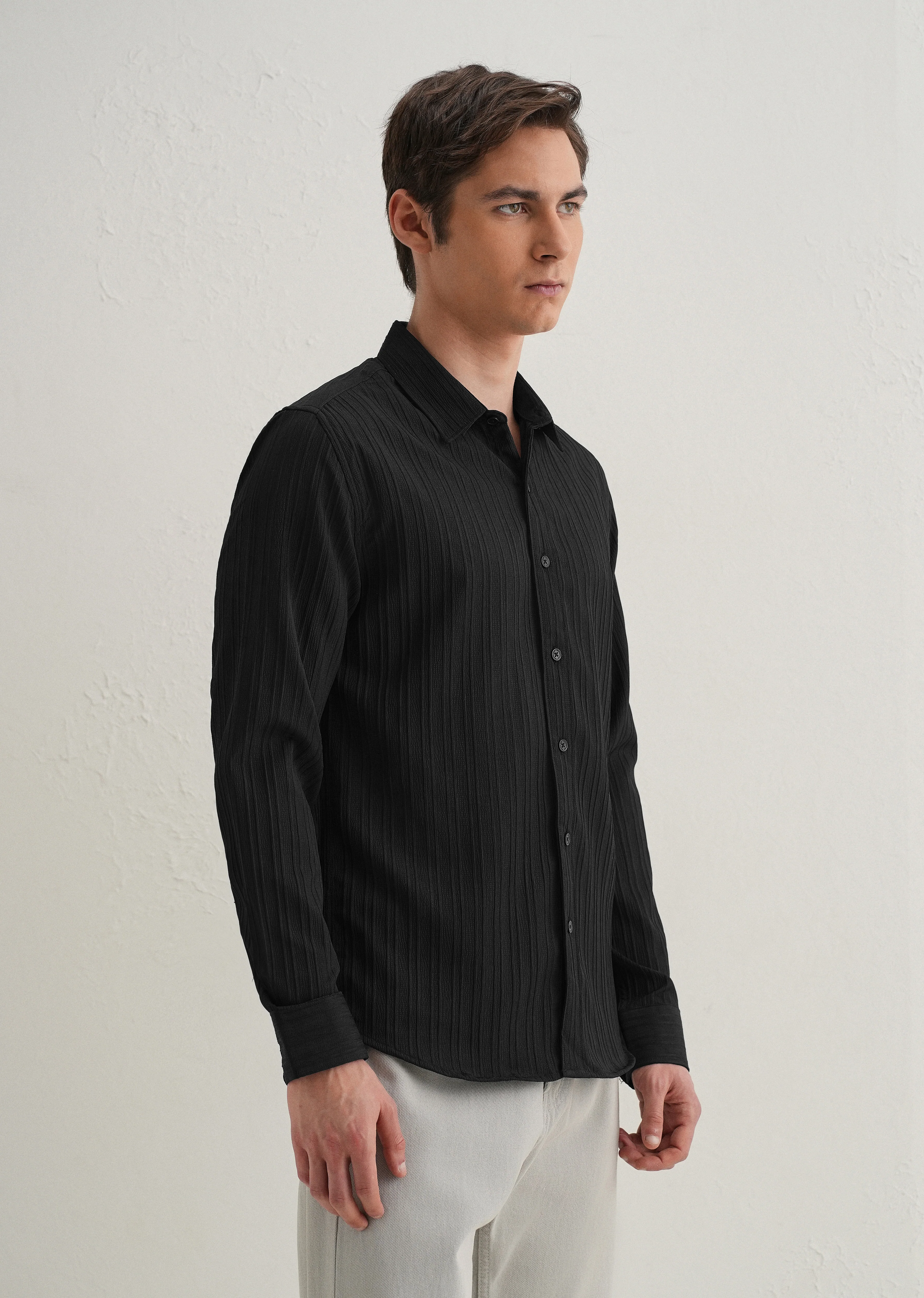 Black Plain Self Striped Shirt - Image 4
