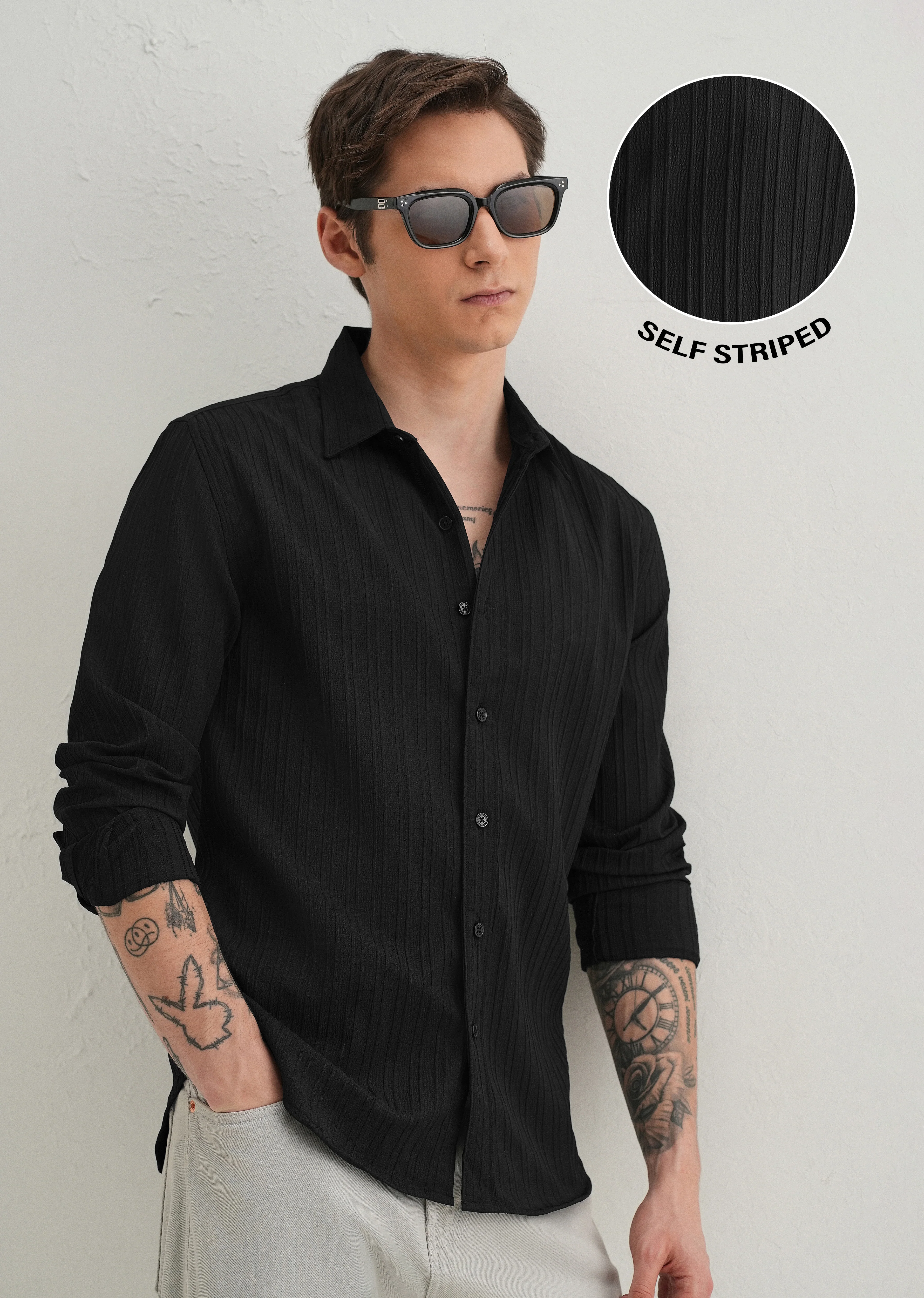 Black Plain Self Striped Shirt - Image 7