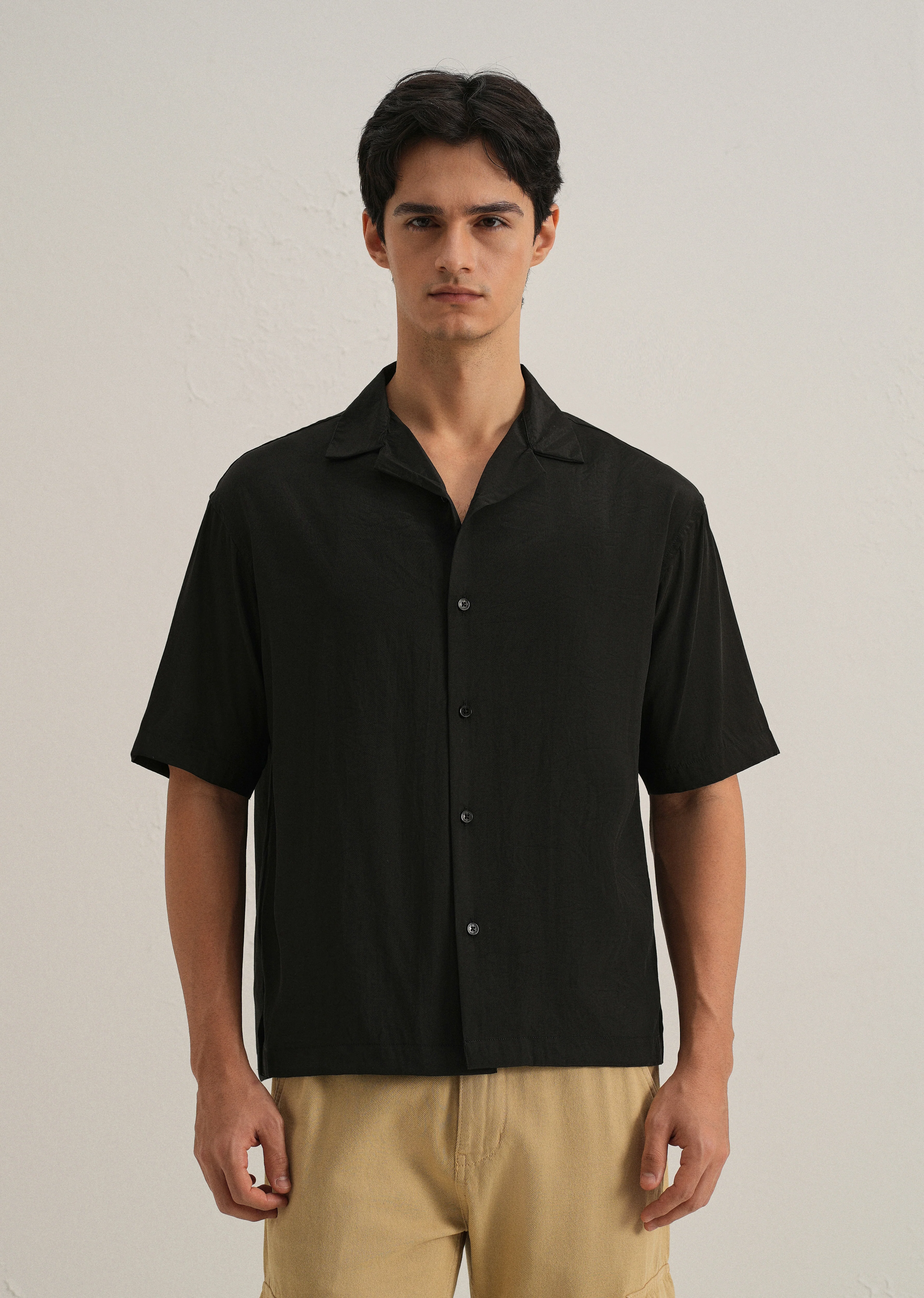 Black Plain Sheen Cuban Collar Shirt - Image 3