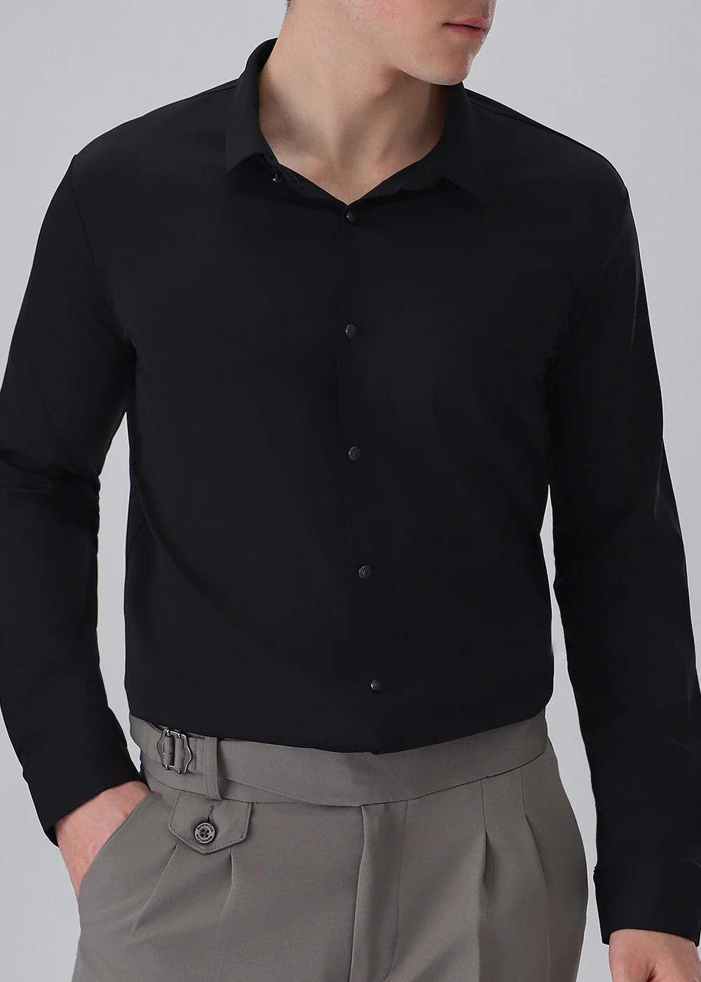 Black Plain Stitchless Stretch Shirt - Image 7