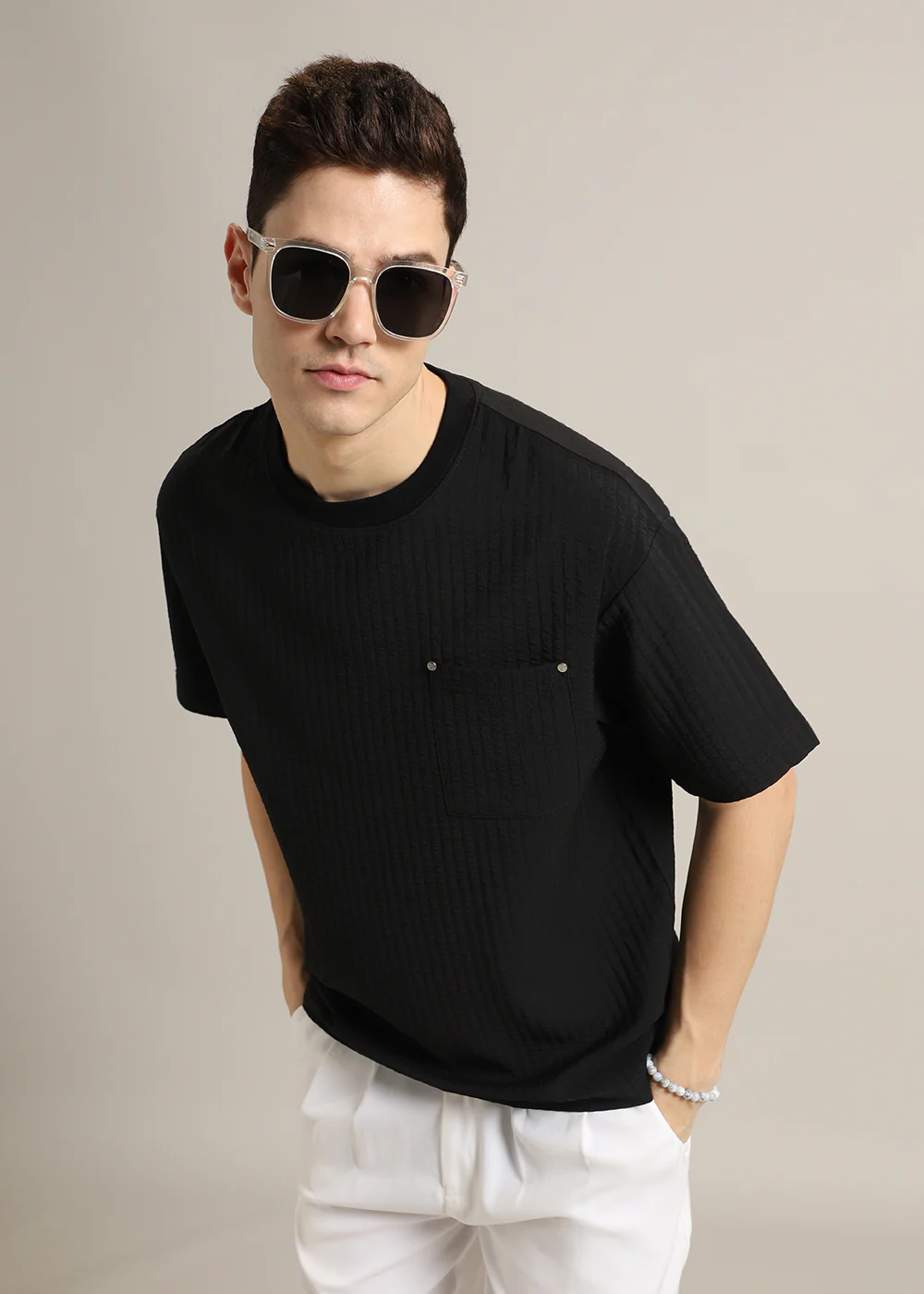 Black Plain Textured Oversized T-shirt - Image 7