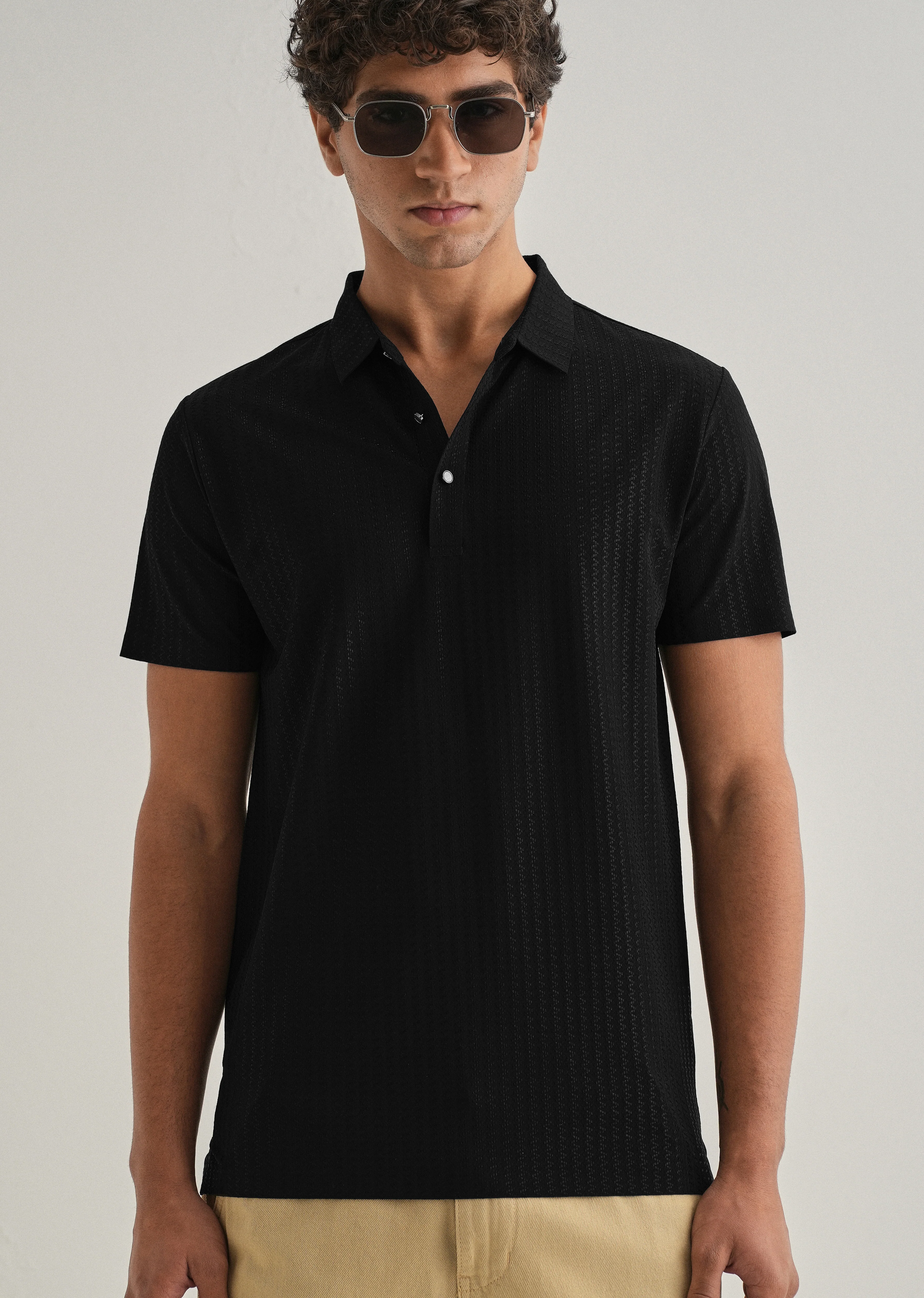 Black Polo Collar Printed Seamless T-shirt - Image 7