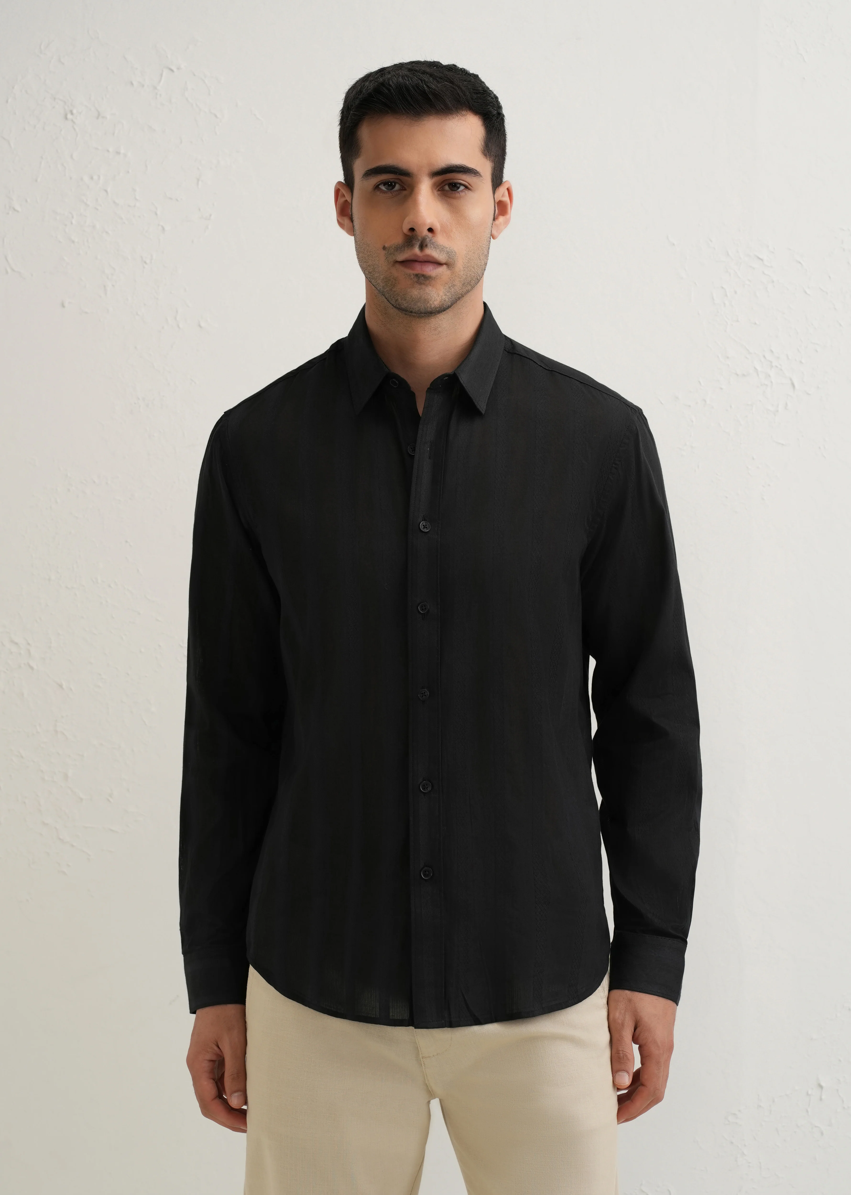 Black Self Pattern Blended Cotton Shirt - Image 3