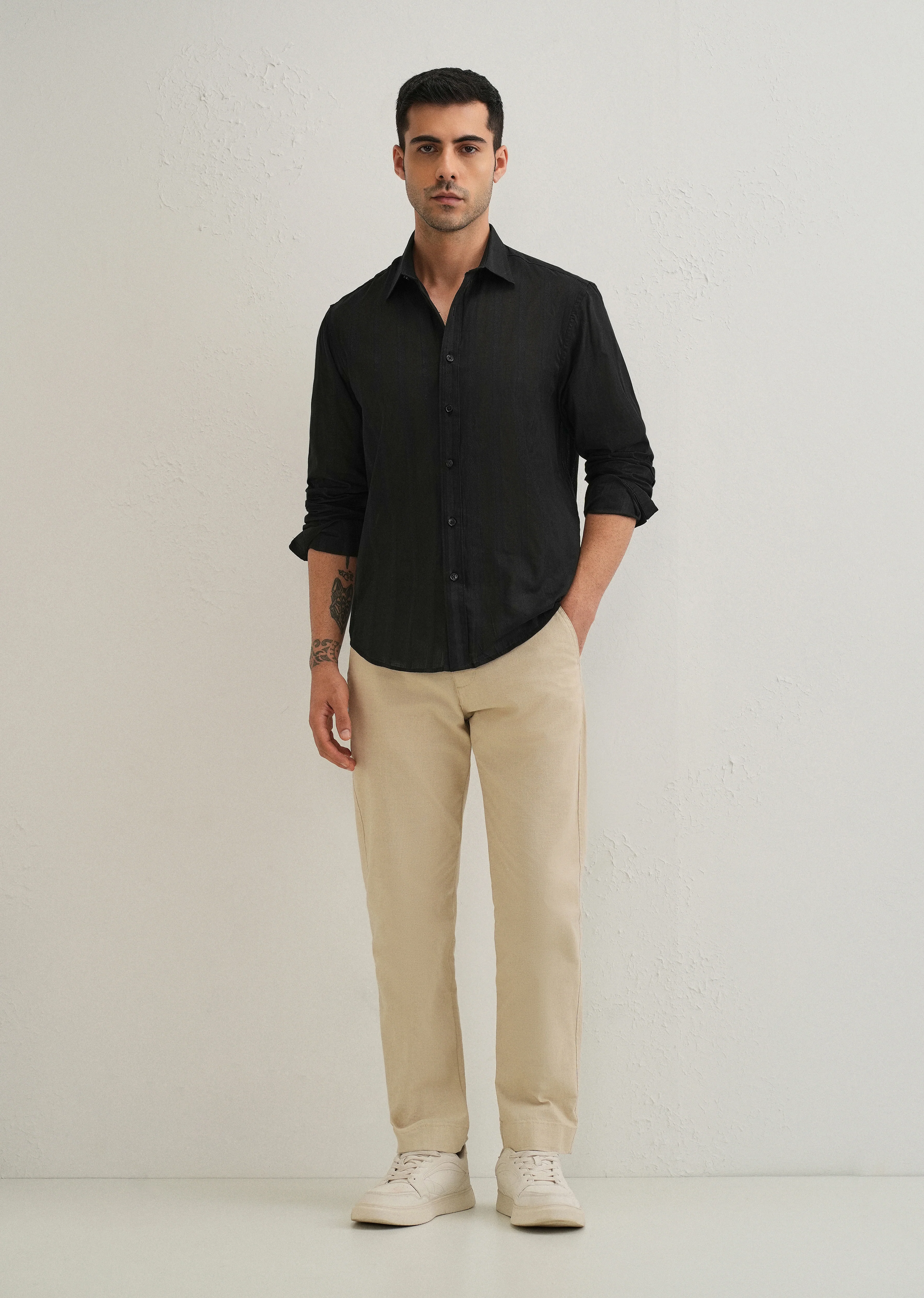 Black Self Pattern Blended Cotton Shirt - Image 6