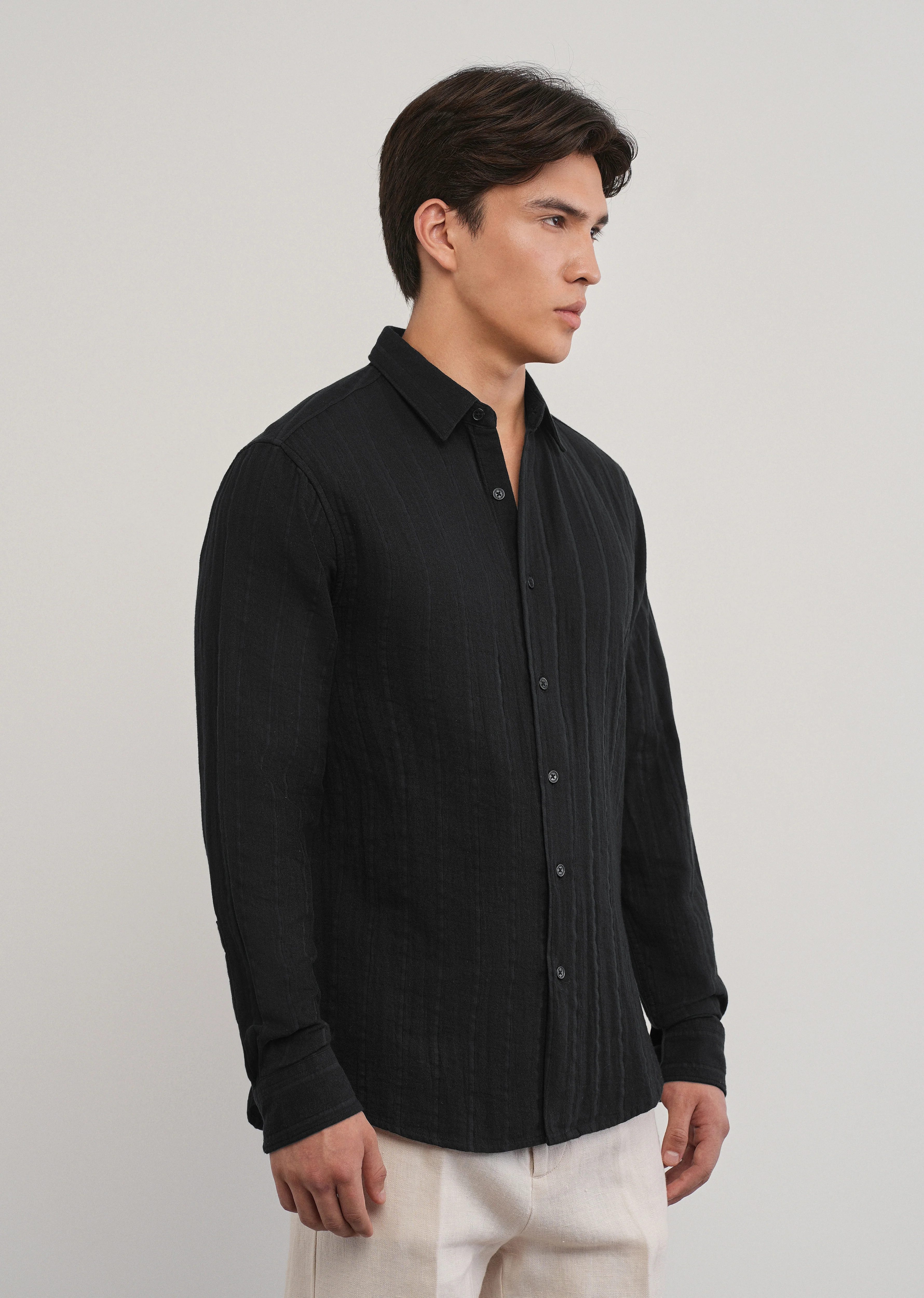 Black Self Striped Cotton Shirt - Image 4