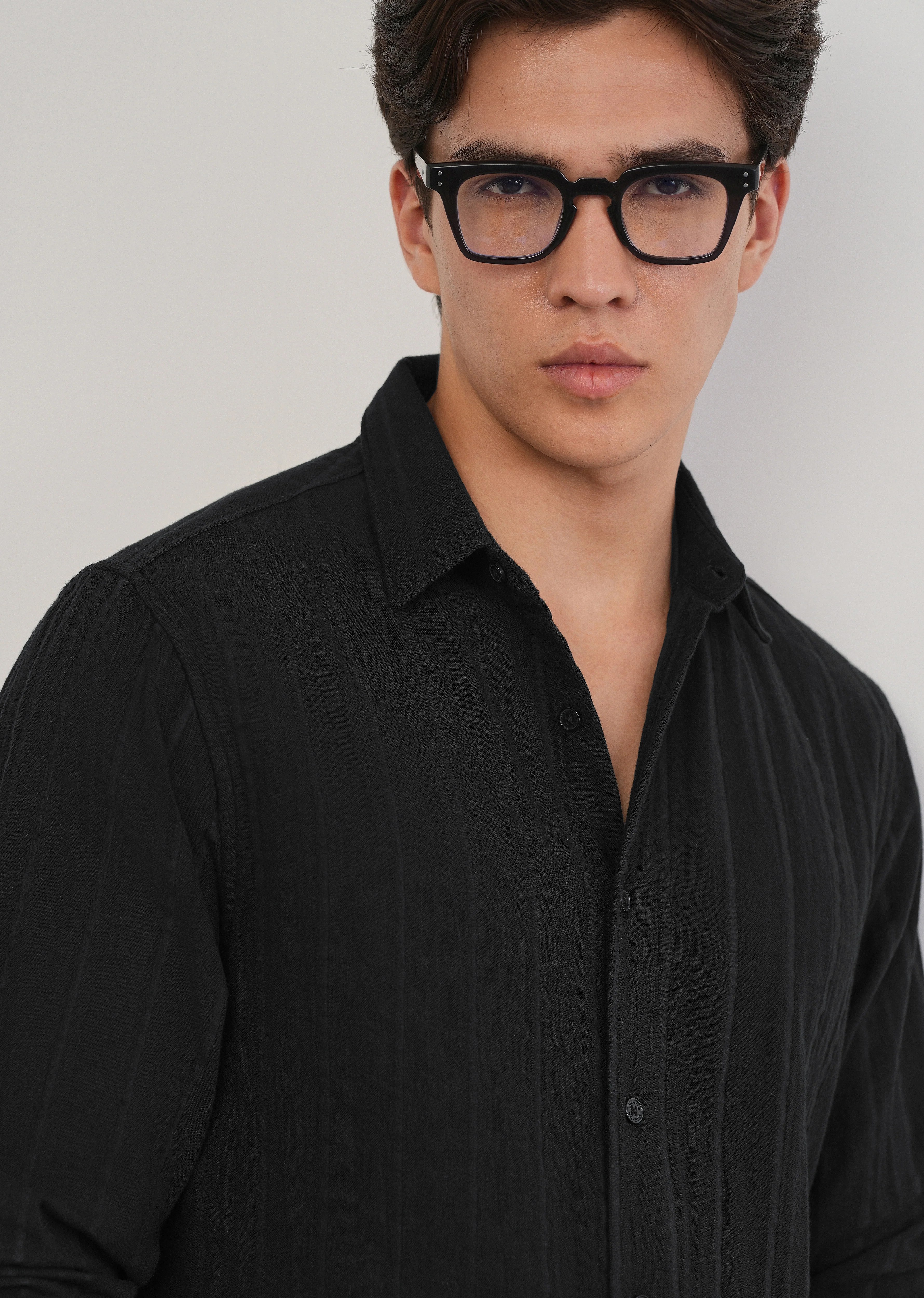 Black Self Striped Cotton Shirt - Image 5