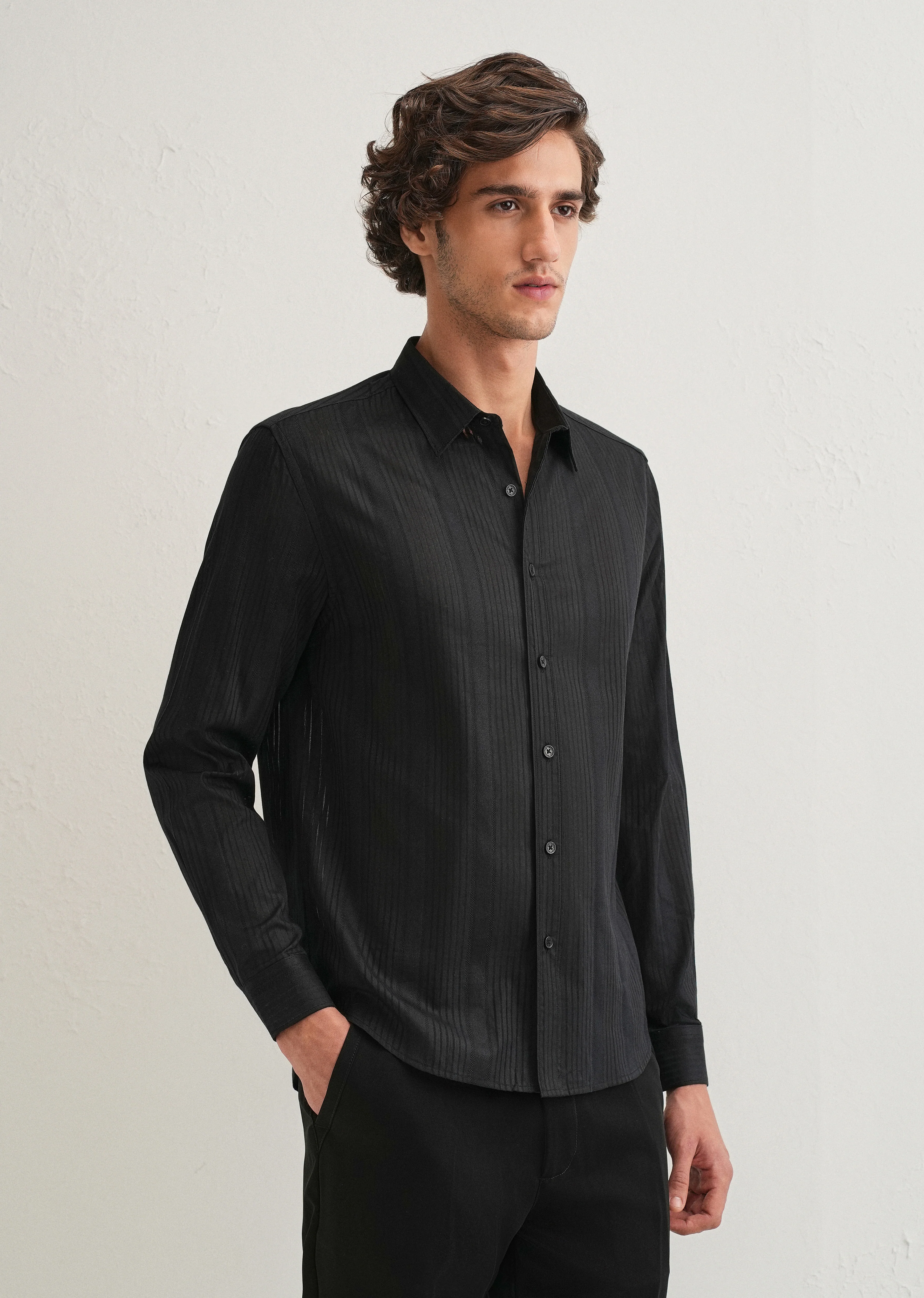 Black Self Striped Shirt - Image 5
