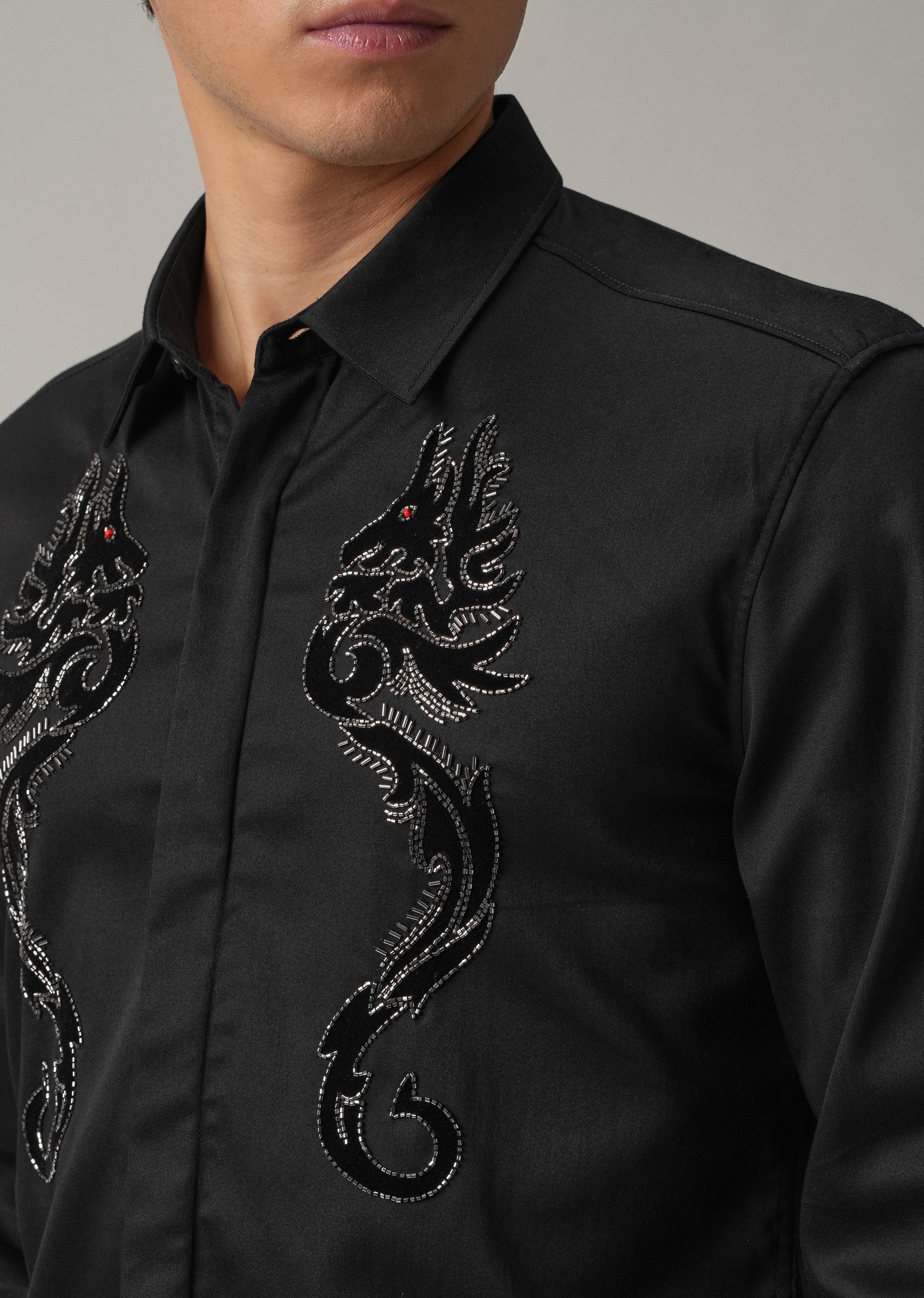 Black Serpentine Dragon Handwork Designer Shirt - Image 5