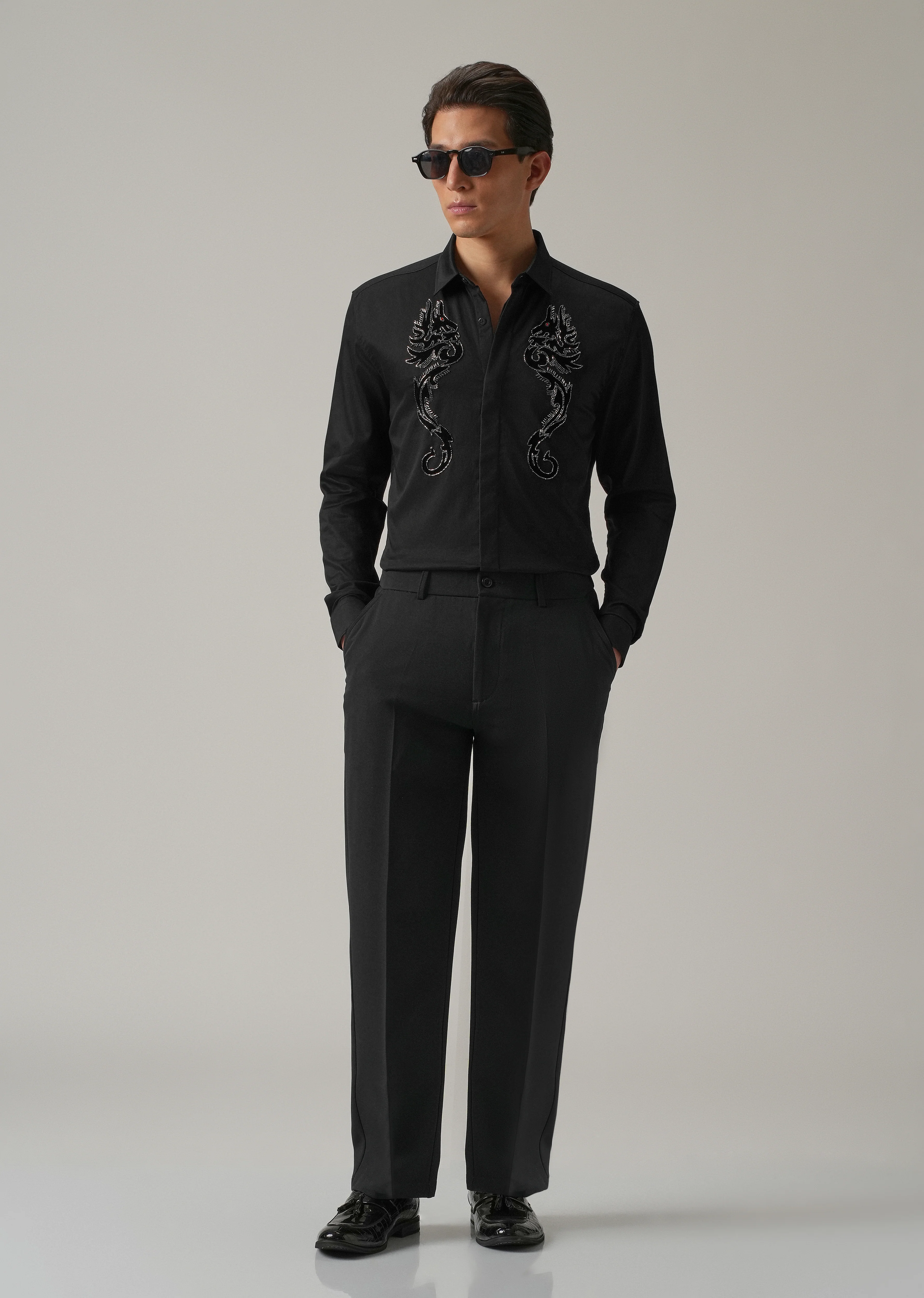 Black Serpentine Dragon Handwork Designer Shirt - Image 6
