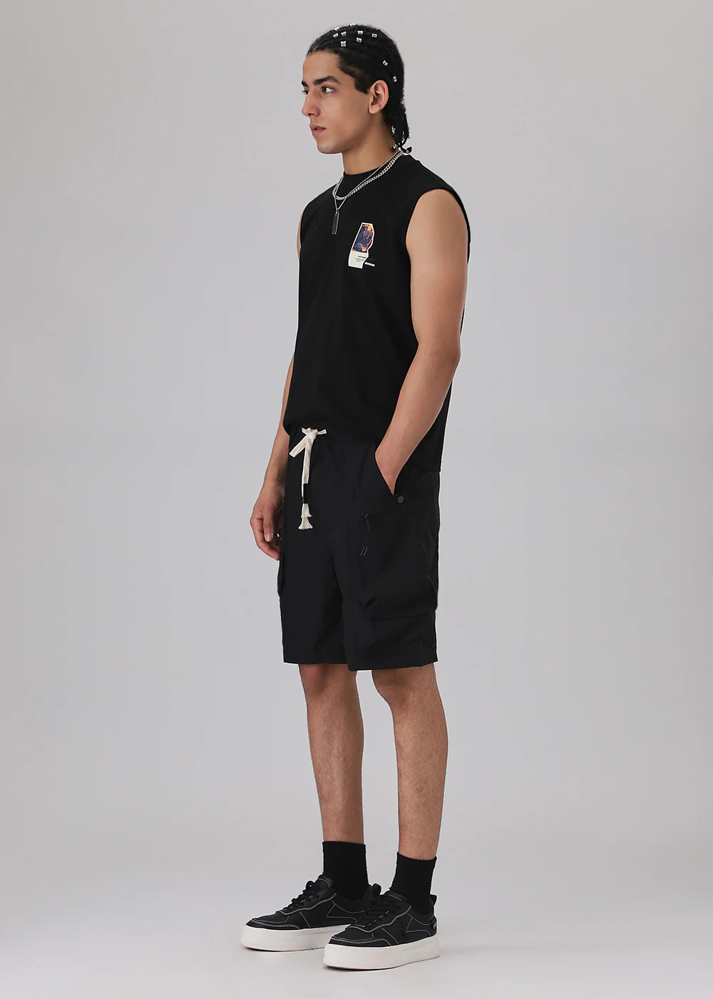 Black Snap Button Cargo Shorts - Image 6