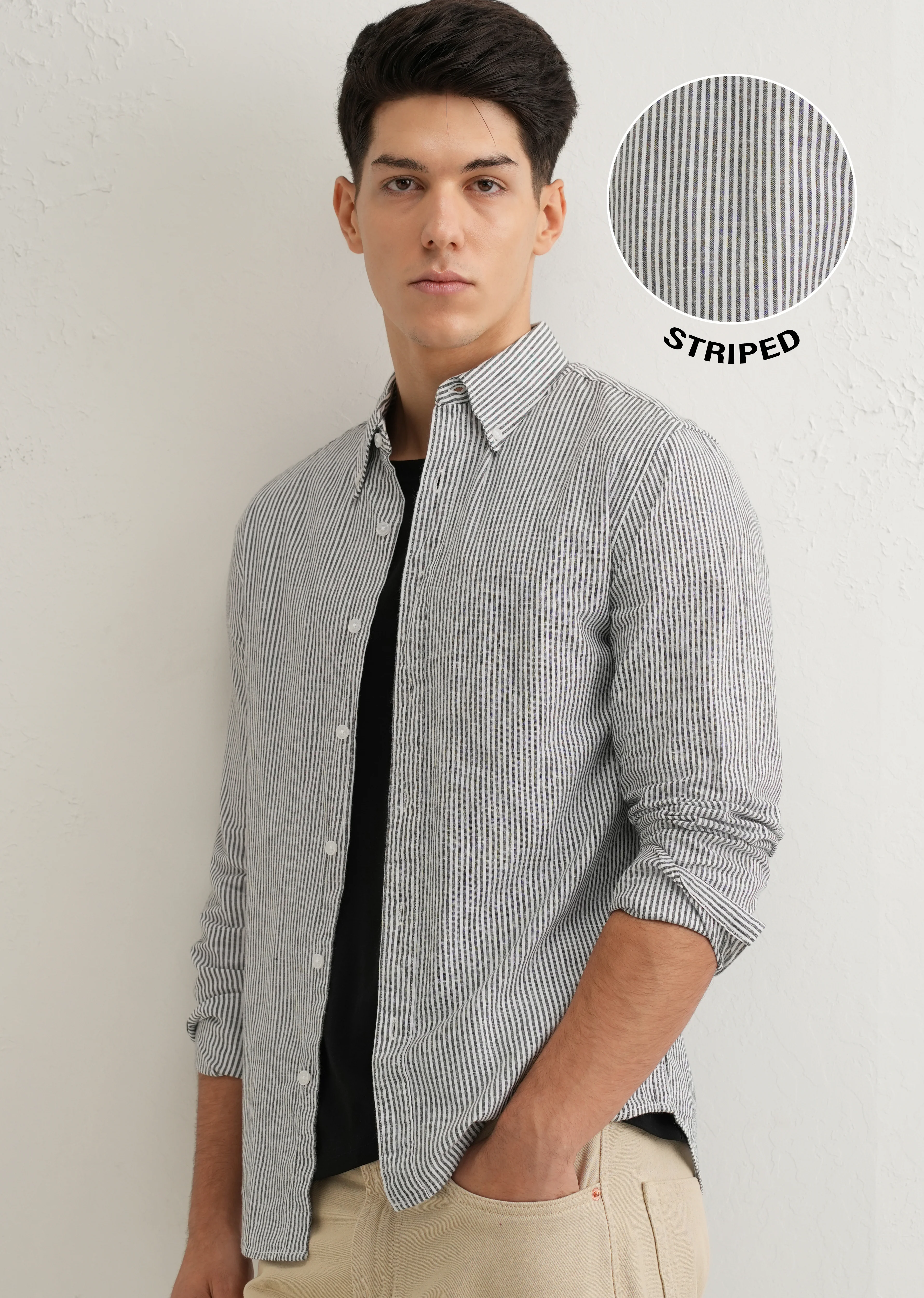 Black Striped Cotton Linen Shirt - Image 2