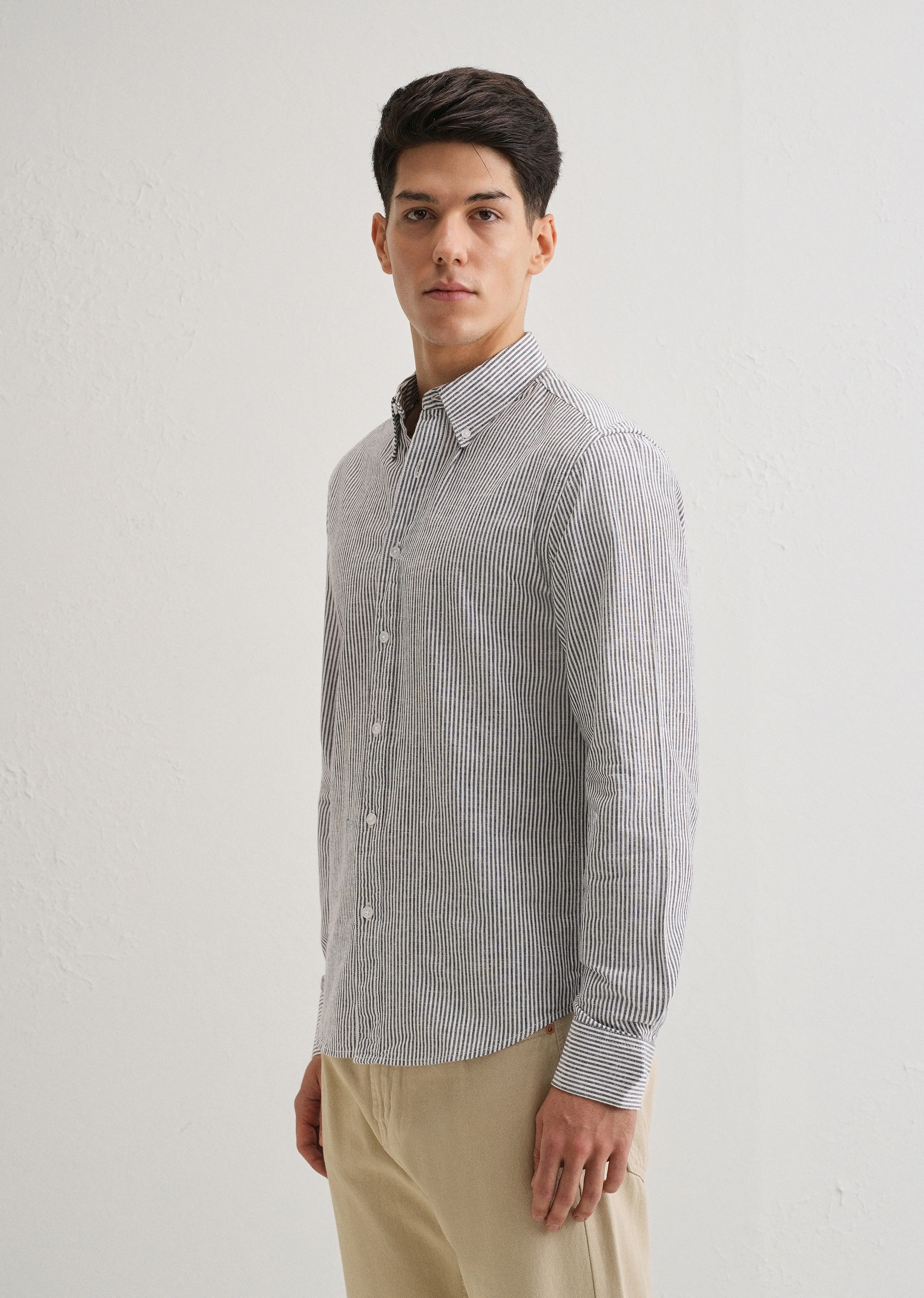 Black Striped Cotton Linen Shirt - Image 5