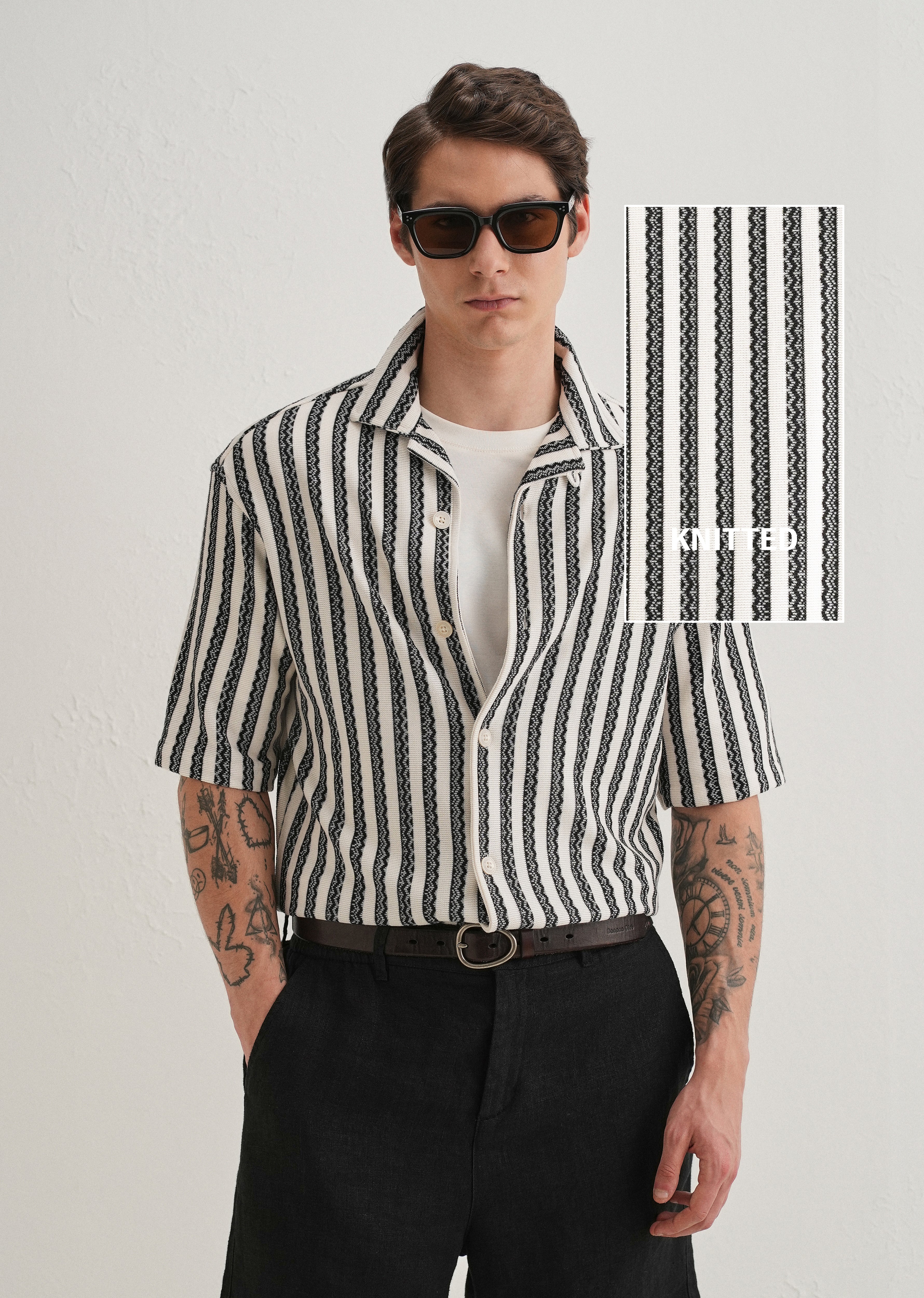 Black Striped Knit Cuban Collar Shirt - Image 2