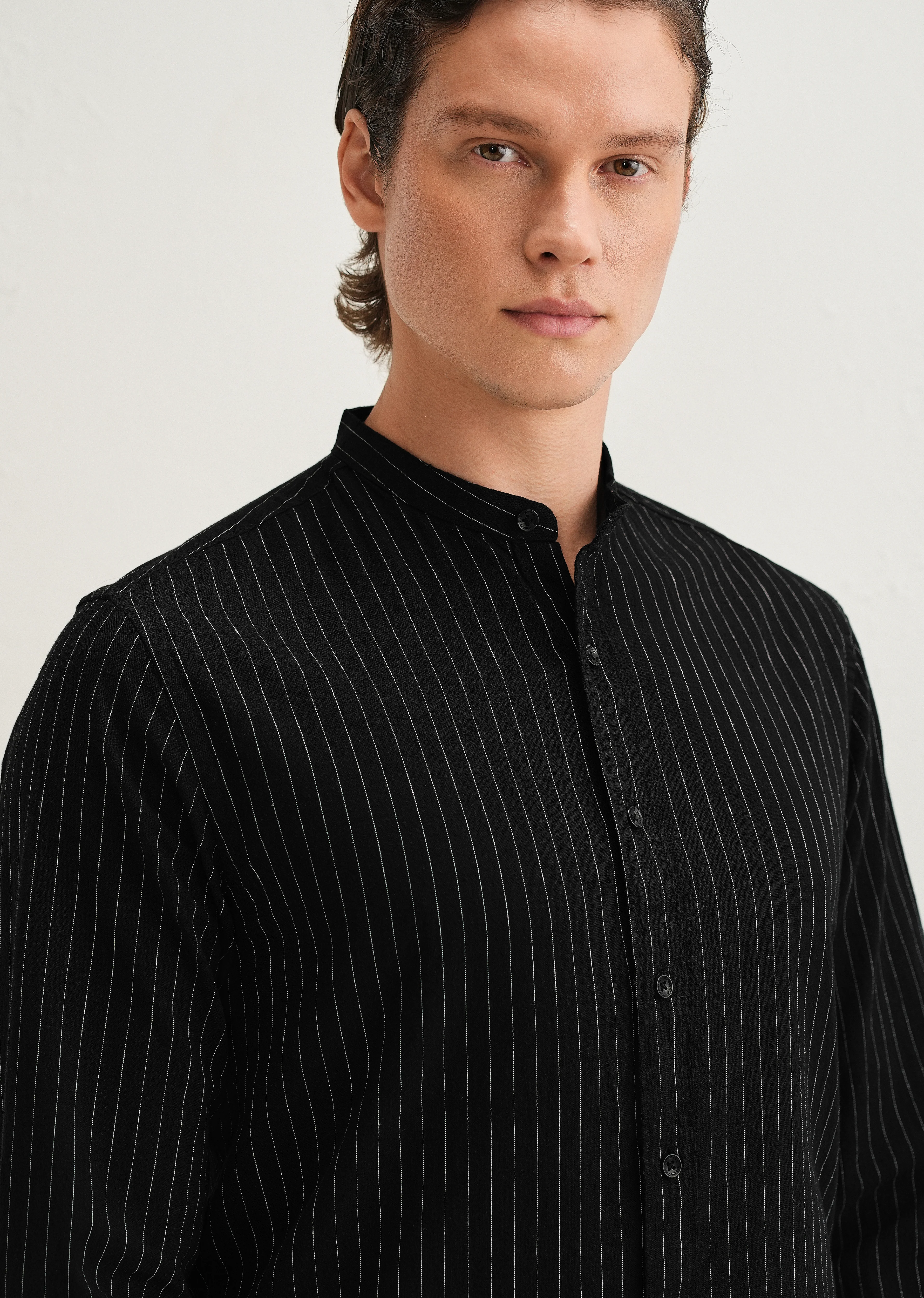 Black Striped Mandarin Collar Cotton Shirt - Image 2