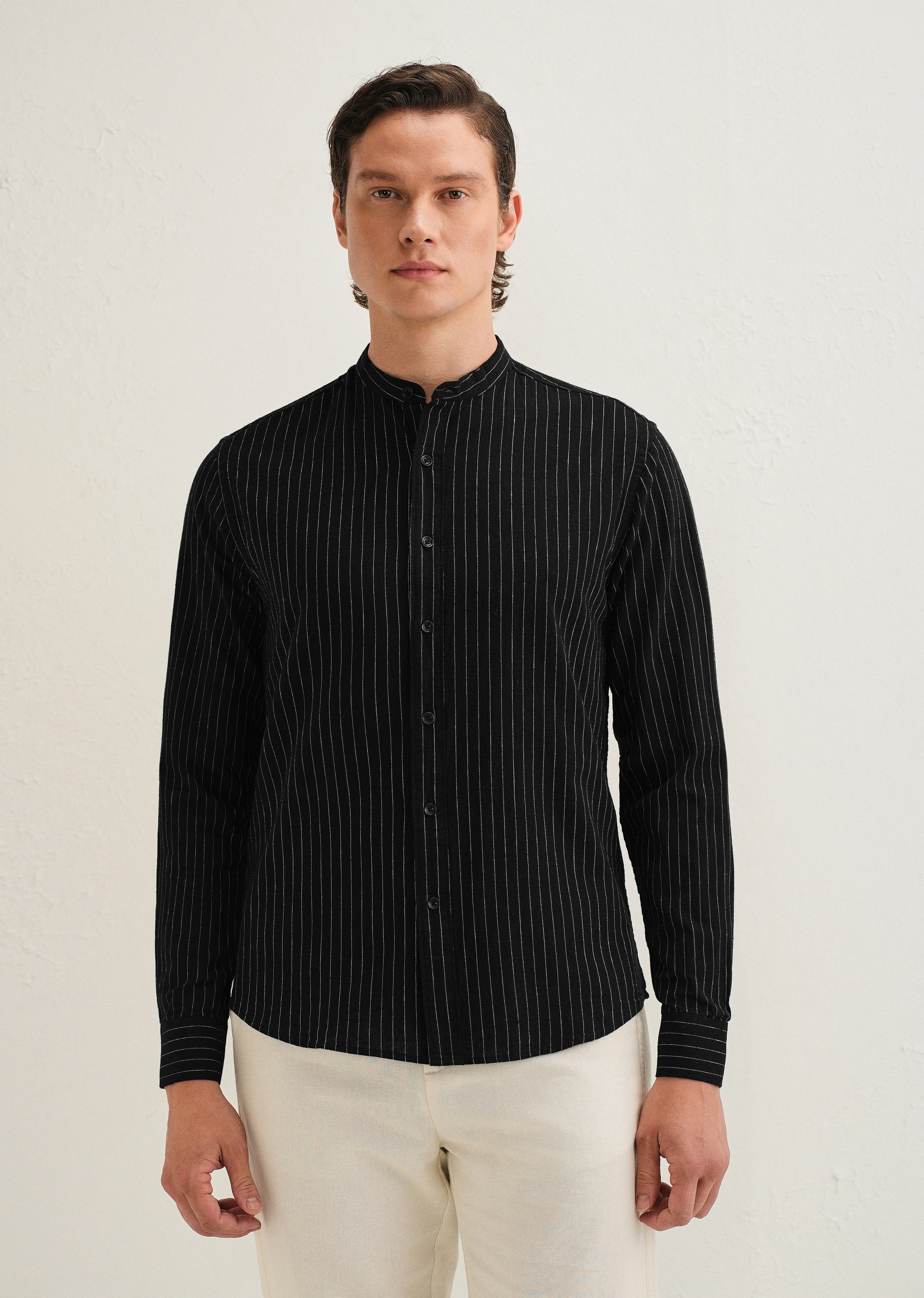 Black Striped Mandarin Collar Cotton Shirt - Image 3