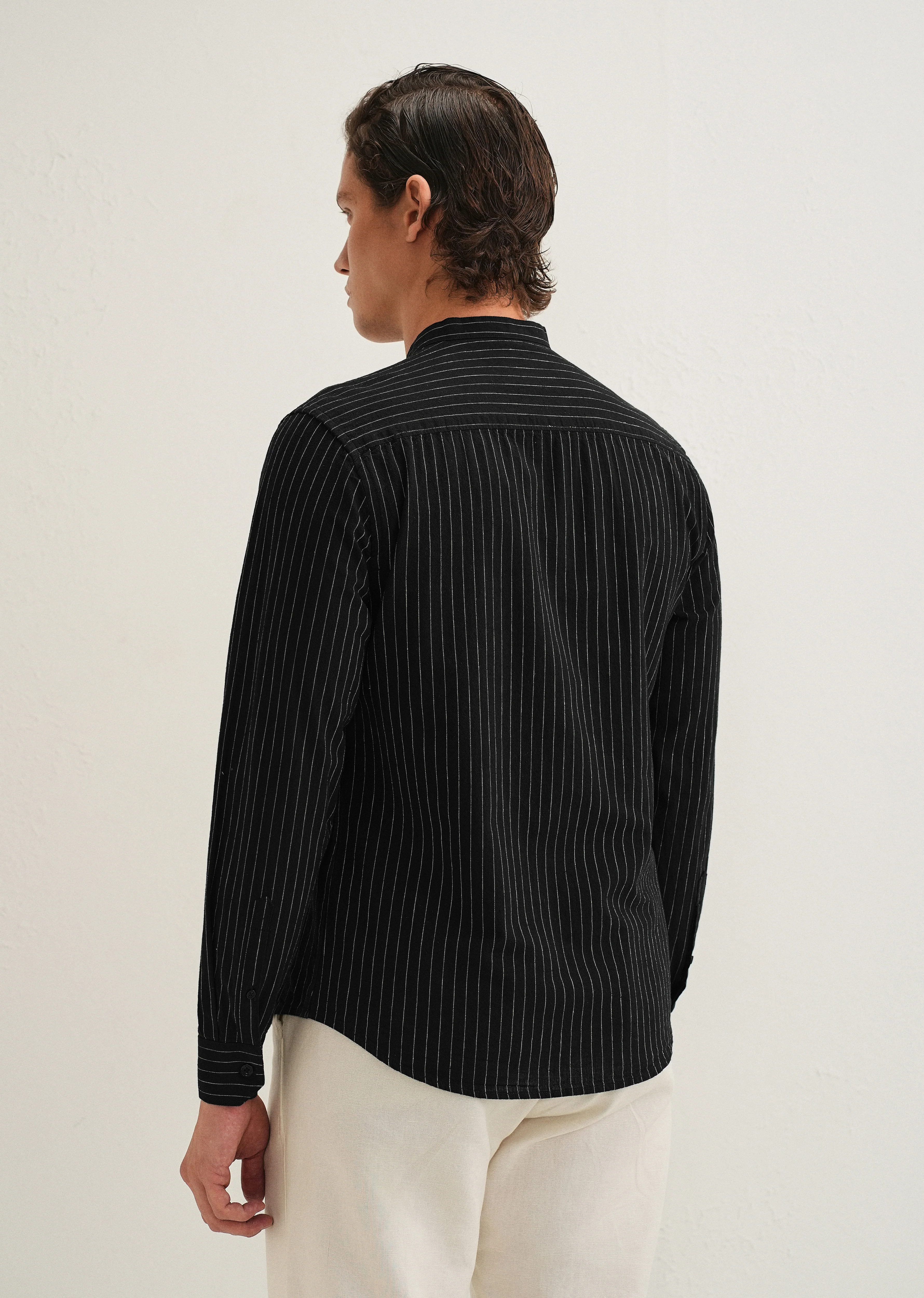 Black Striped Mandarin Collar Cotton Shirt - Image 4