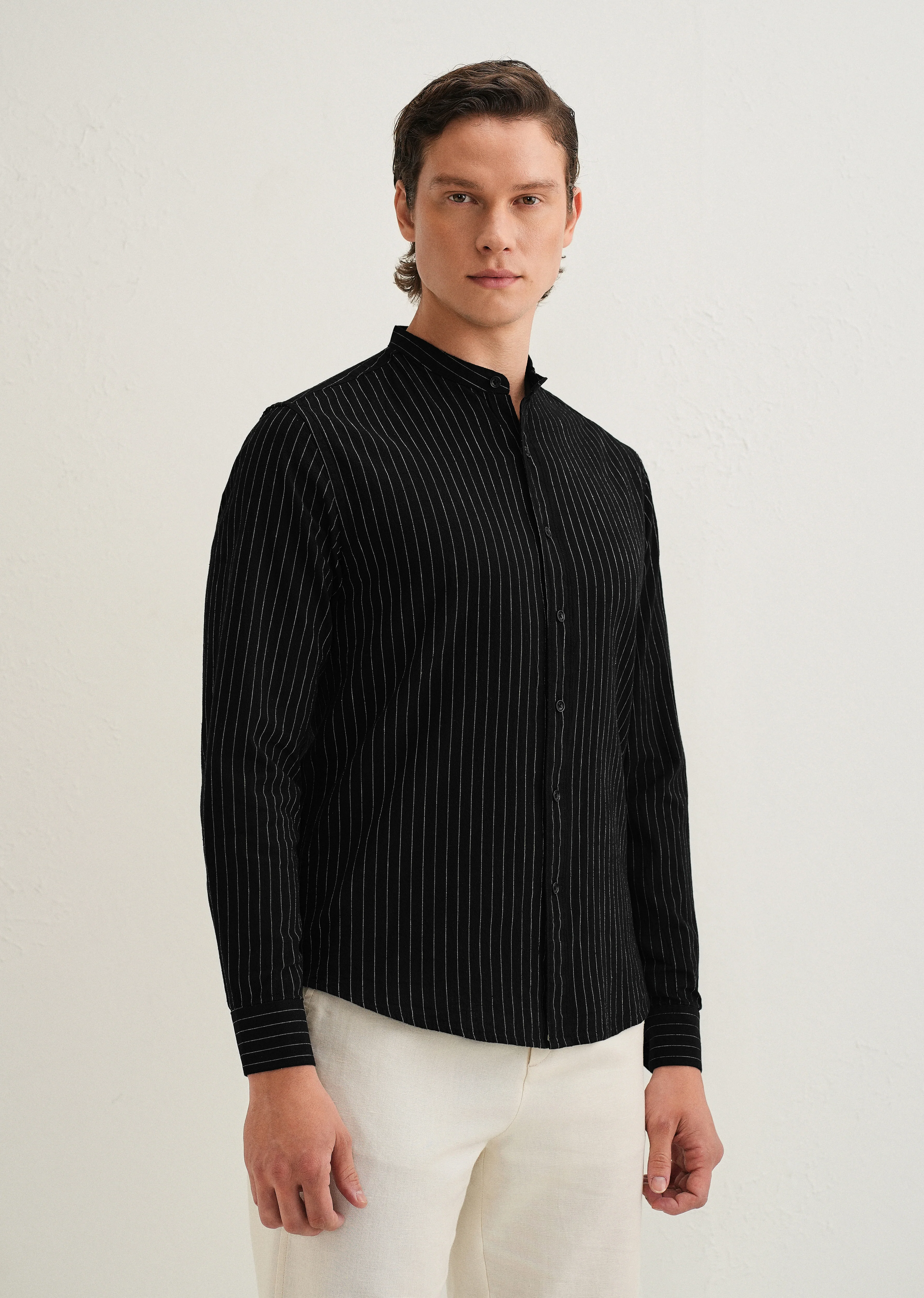 Black Striped Mandarin Collar Cotton Shirt - Image 5
