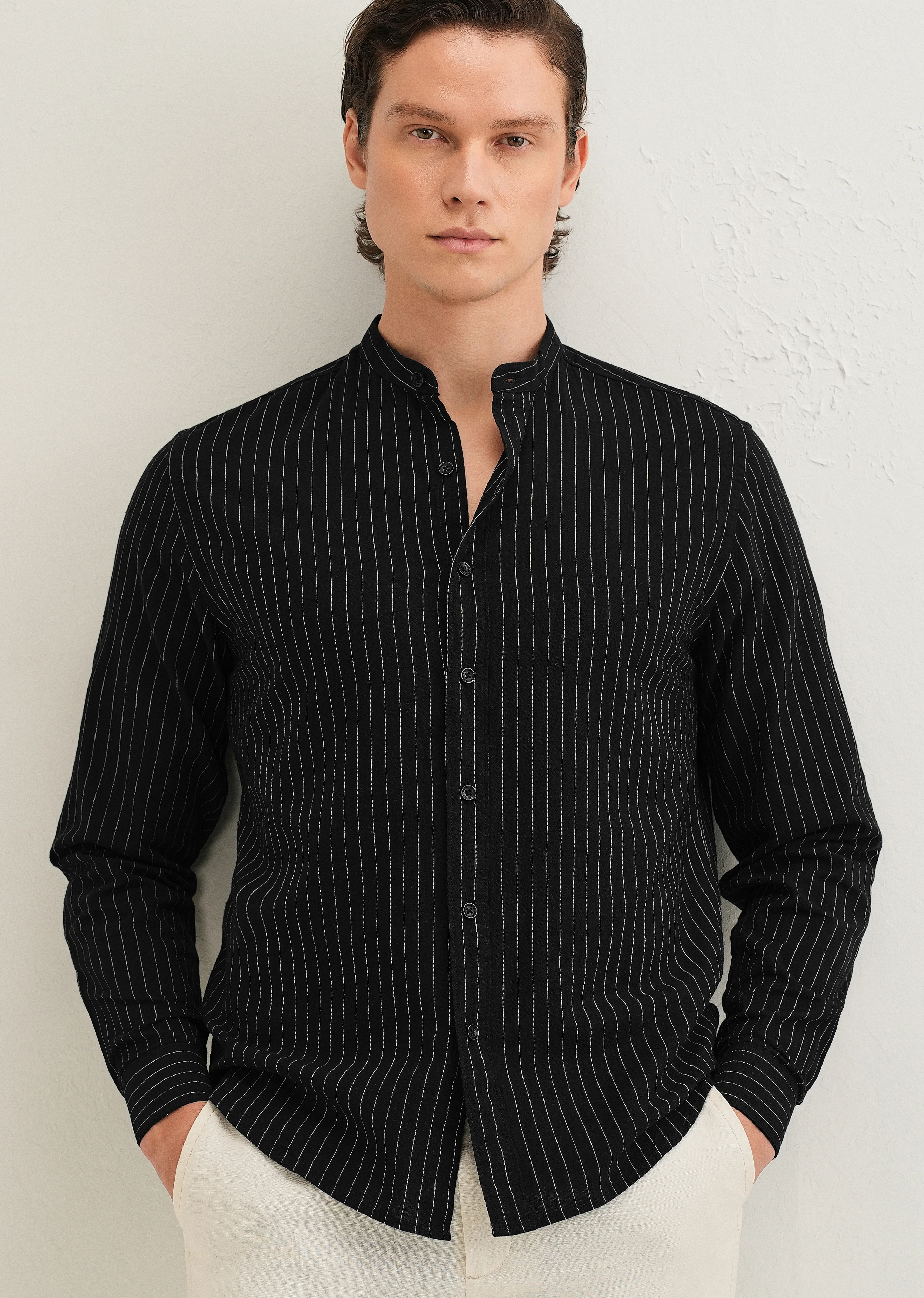 Black Striped Mandarin Collar Cotton Shirt - Image 7