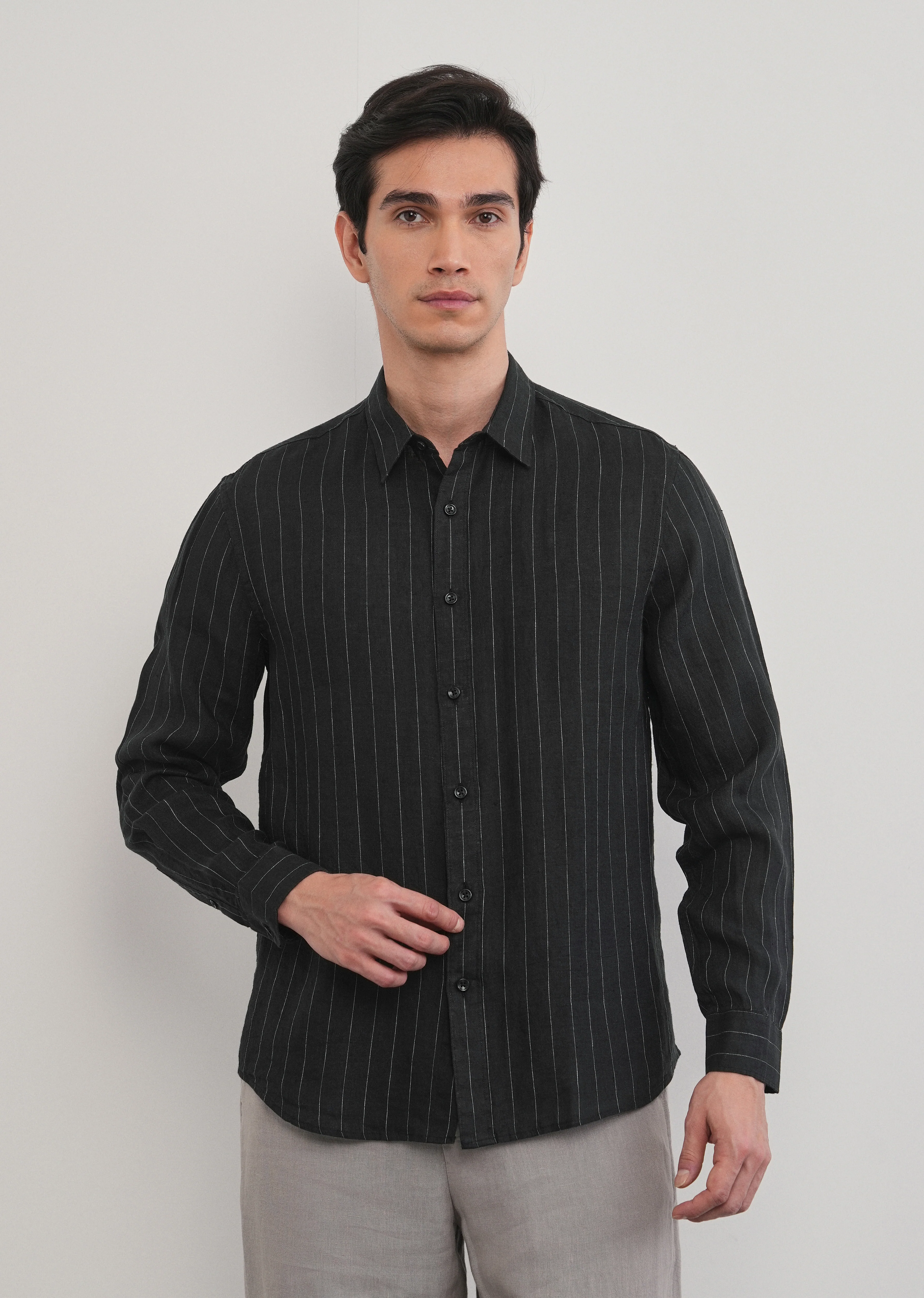 Black Striped Pure Linen Shirt - Image 4