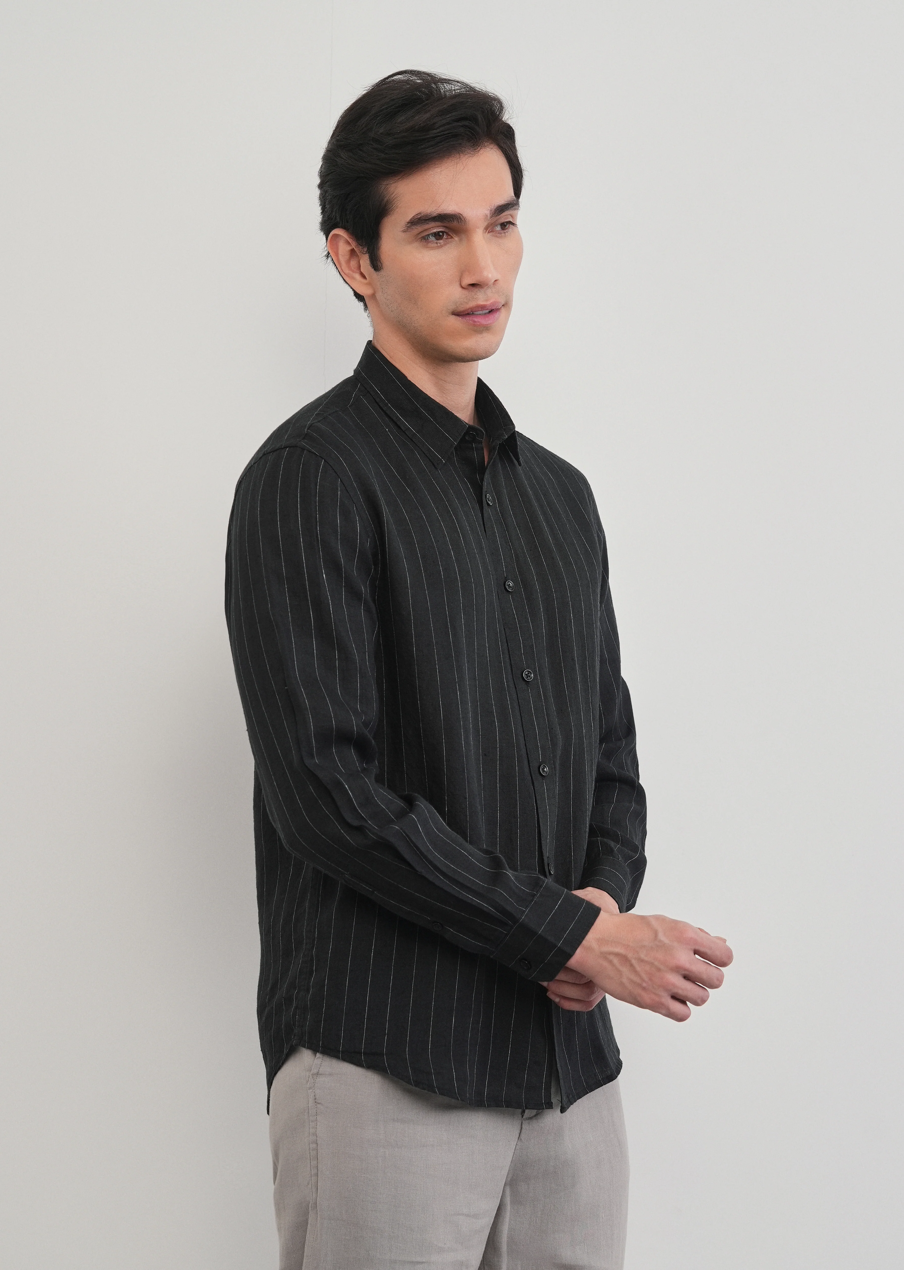 Black Striped Pure Linen Shirt - Image 5