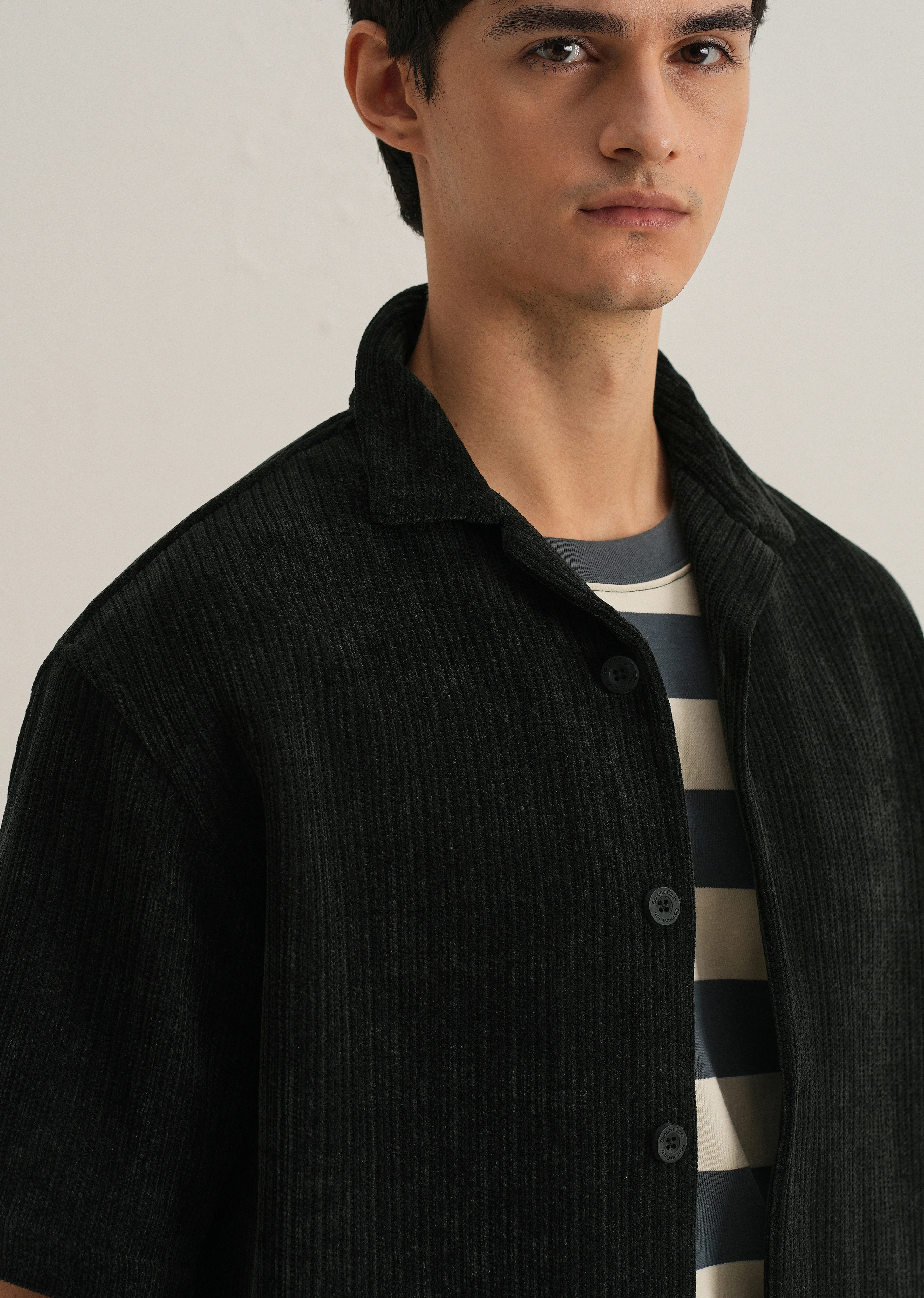 Black Suede Knit Cuban Collar Shirt - Image 5