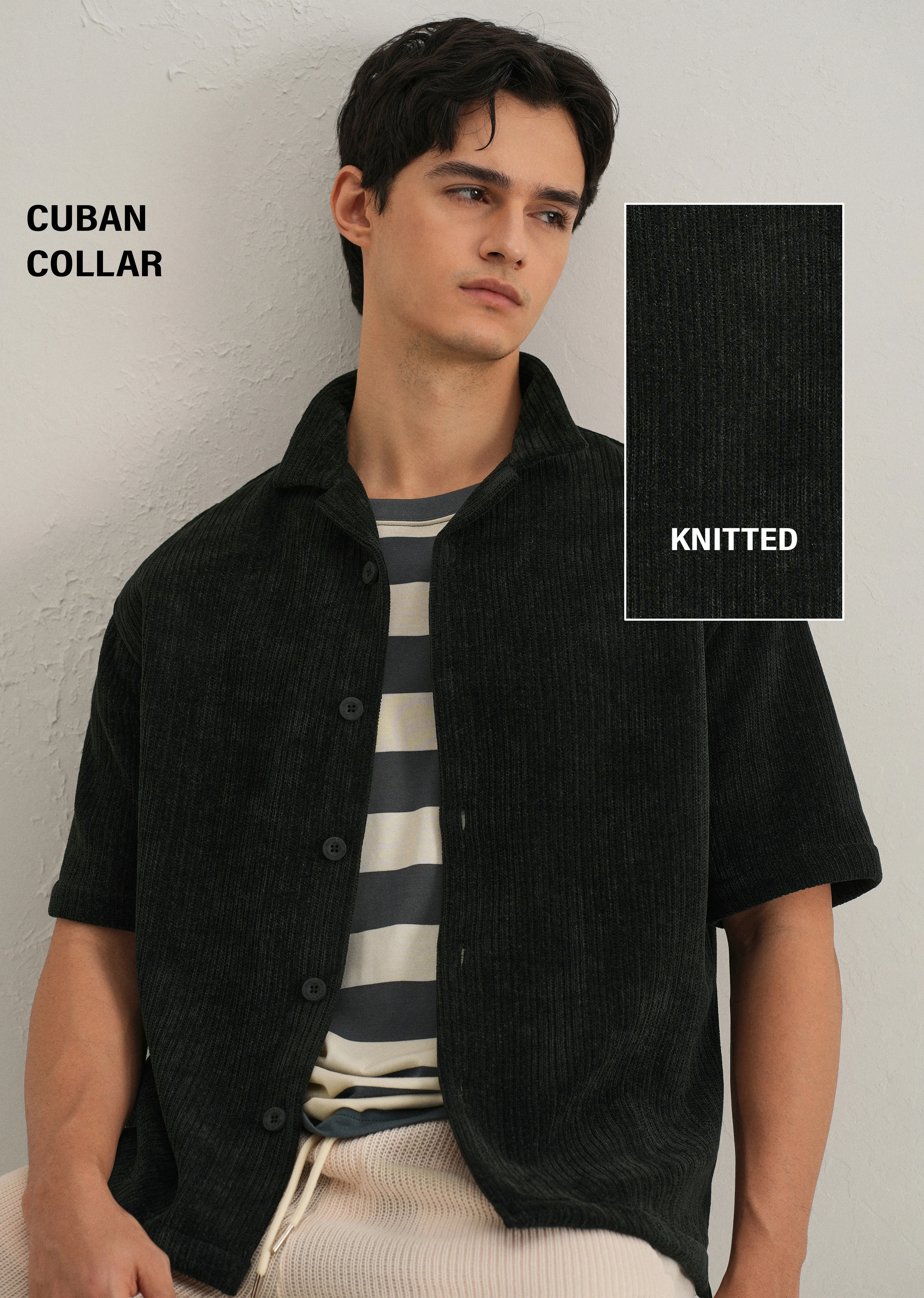 Black Suede Knit Cuban Collar Shirt - Image 7