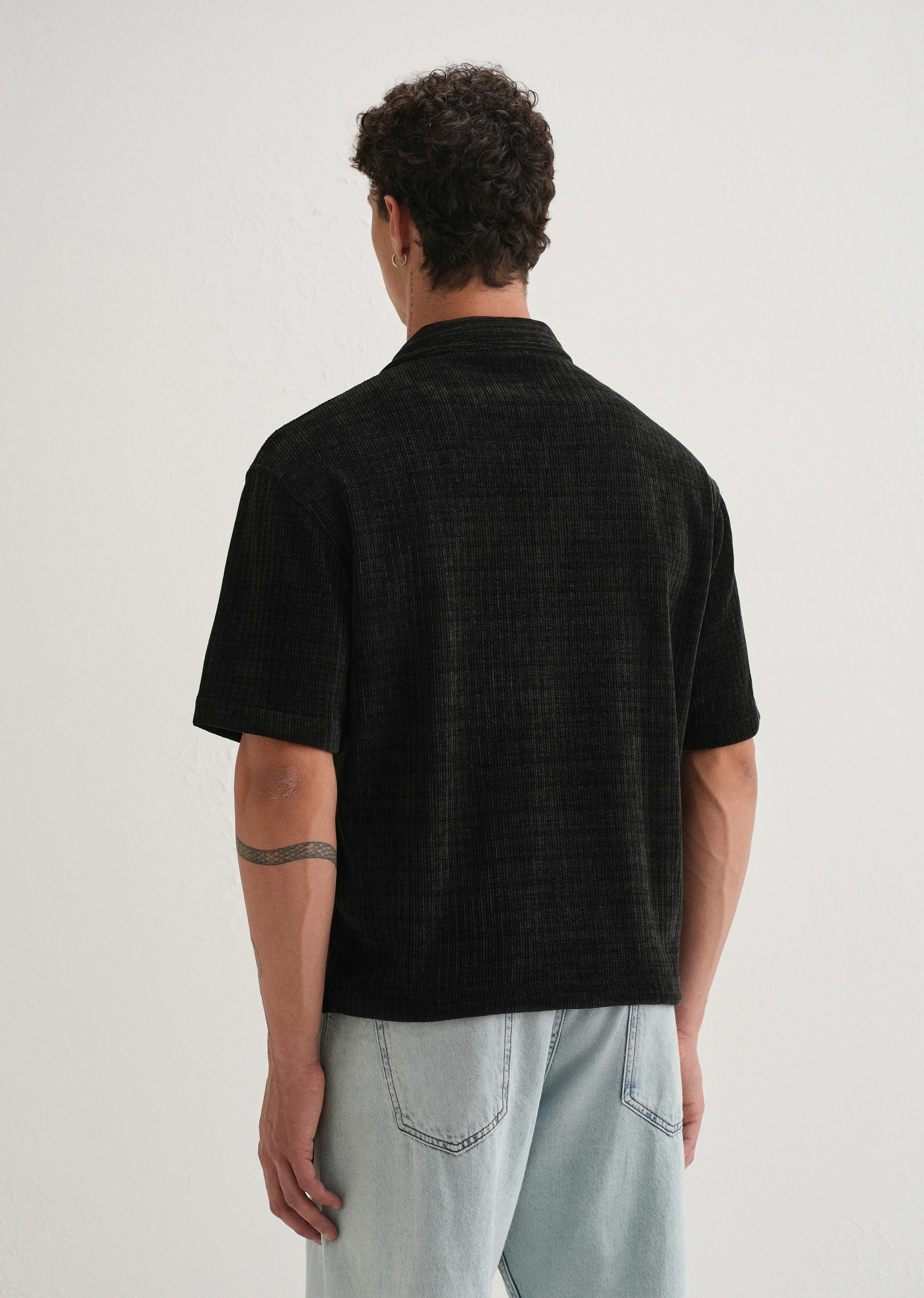 Black Suede Knit Half Sleeve Shirt - Image 2