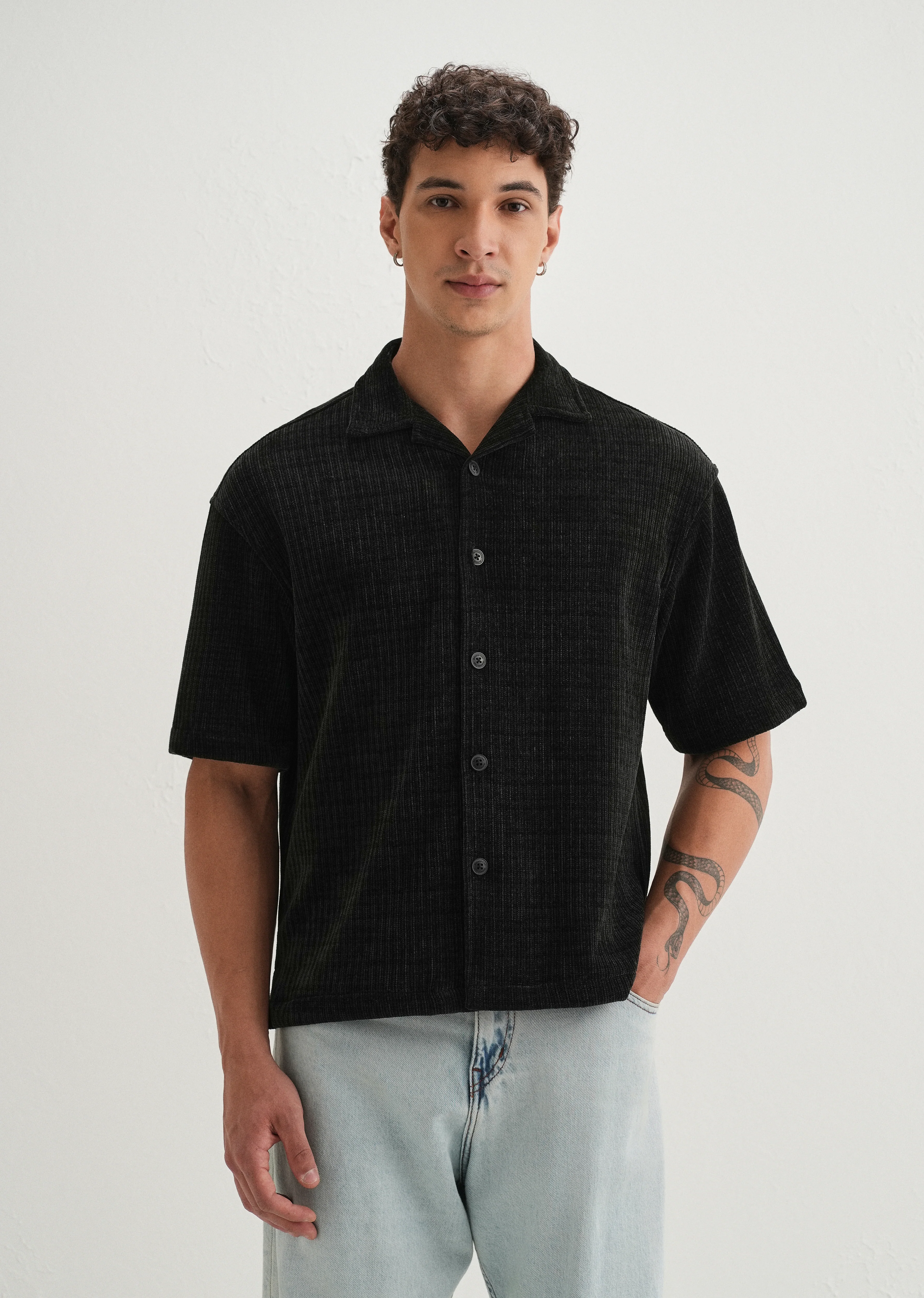Black Suede Knit Half Sleeve Shirt - Image 3