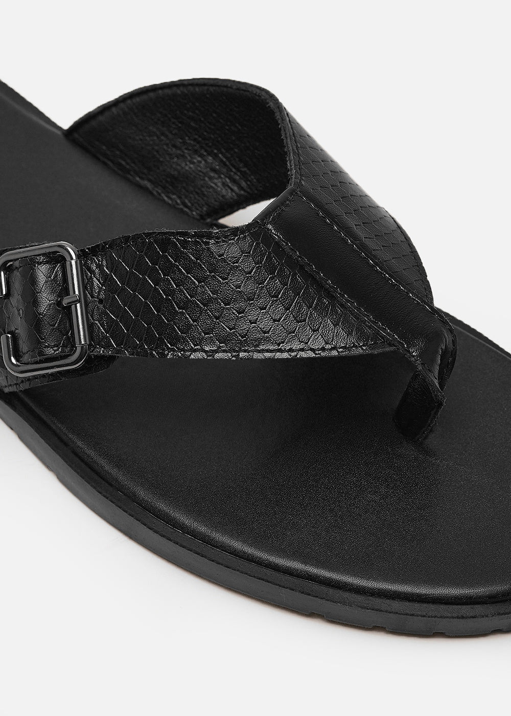 Black Textured Buckle Strap Sandals - Image 2