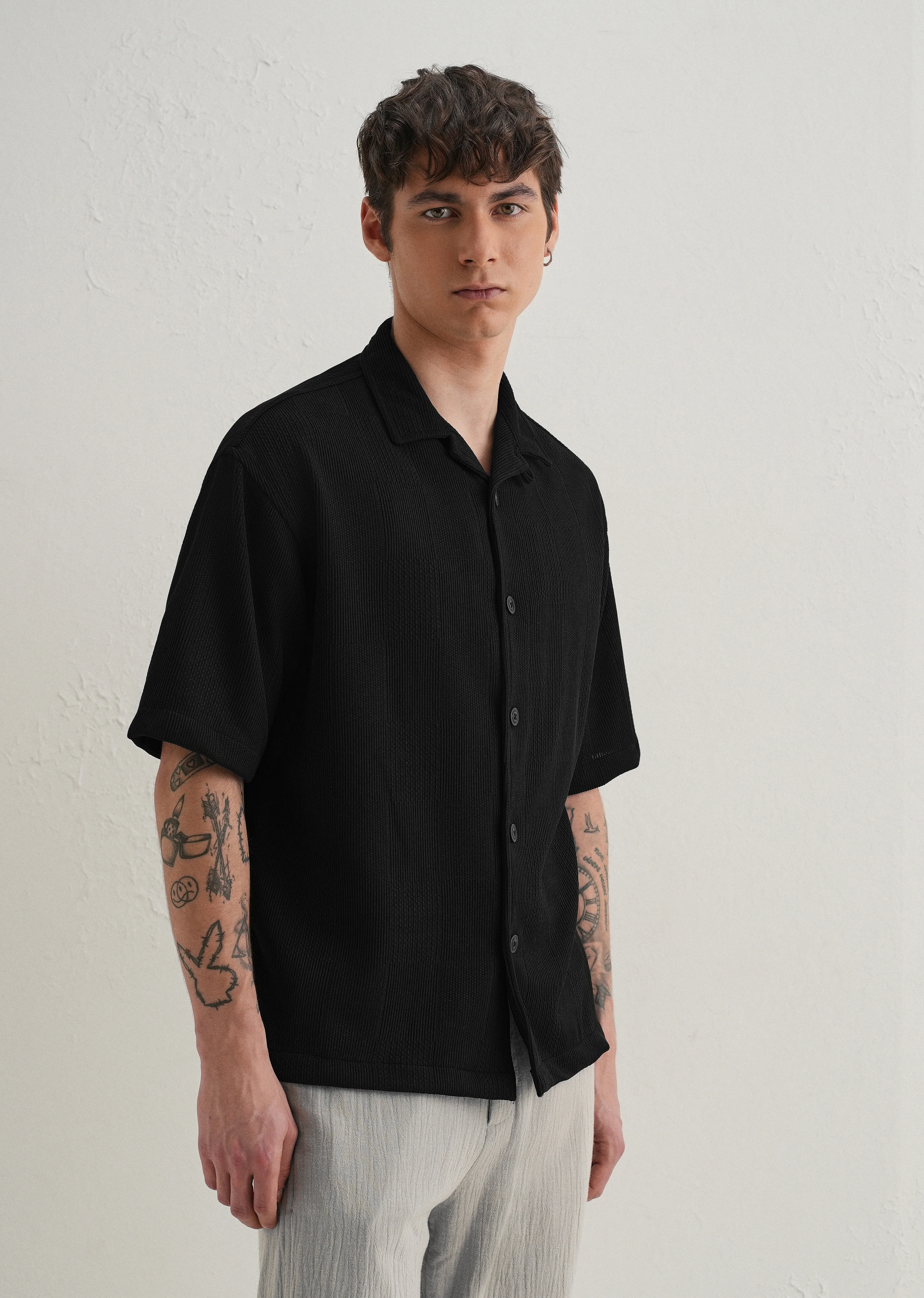 Black Textured Check Knit Shirt - Image 5