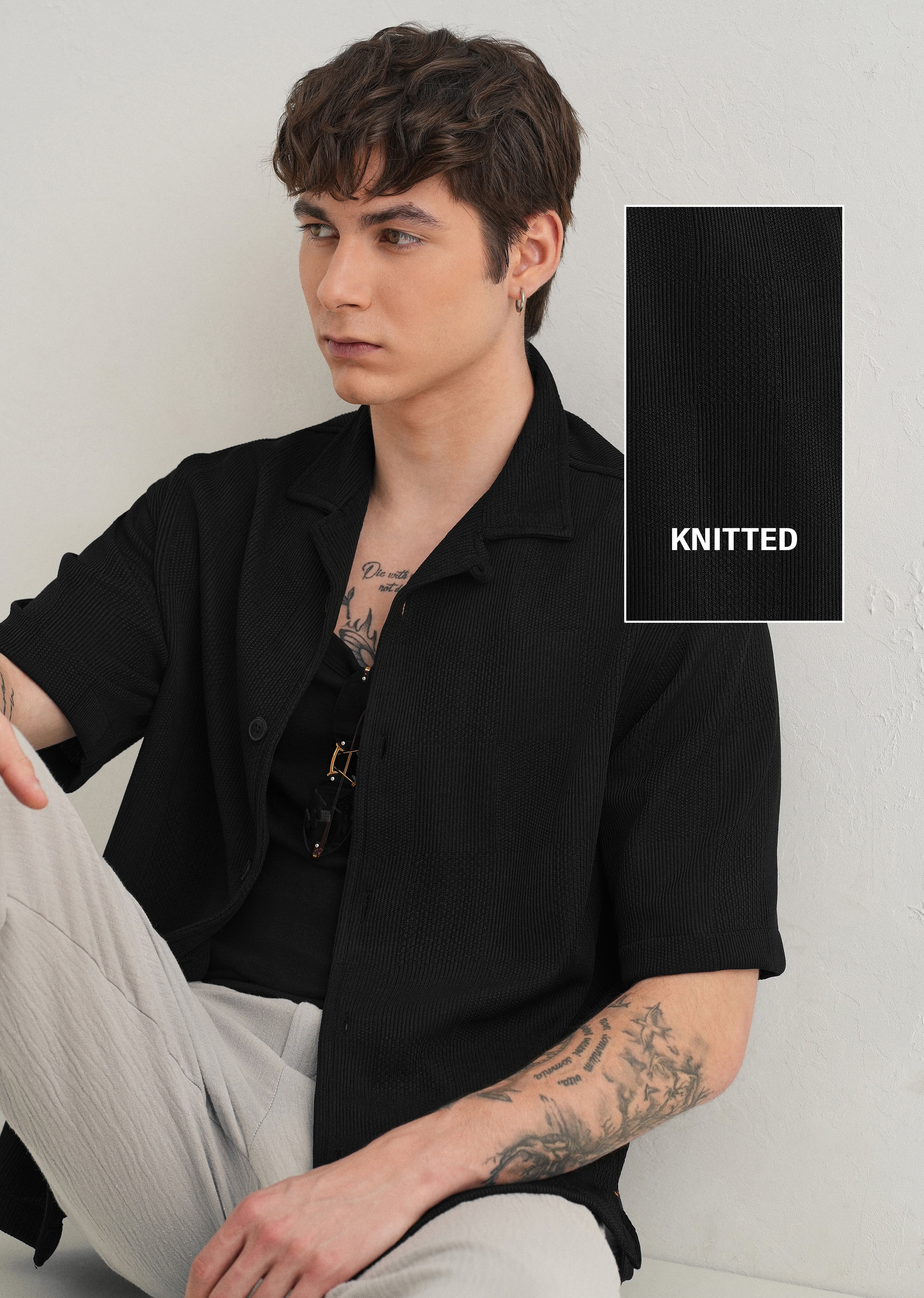 Black Textured Check Knit Shirt - Image 7