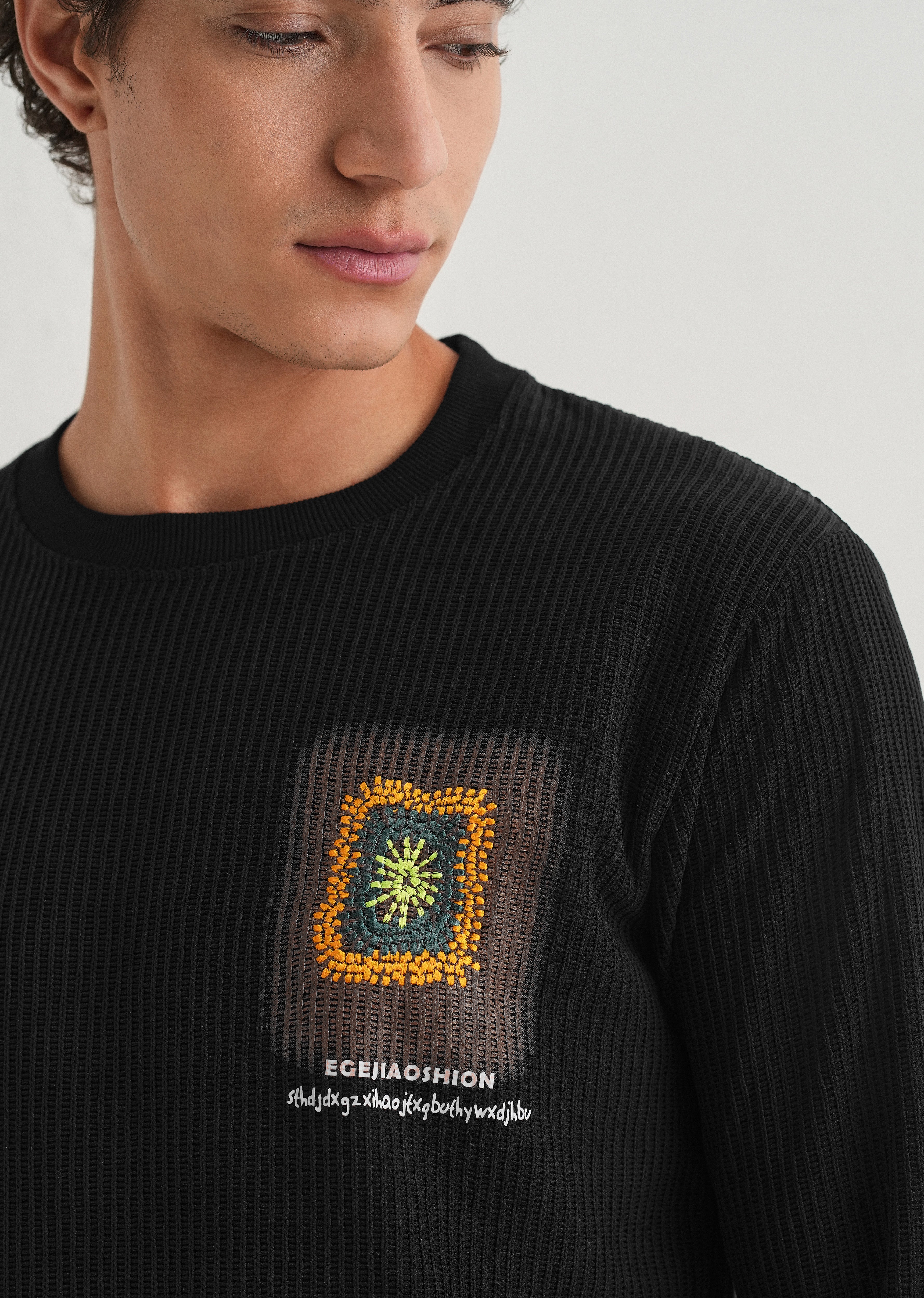 Black Waffle Knit Embroidered Pullover - Image 2