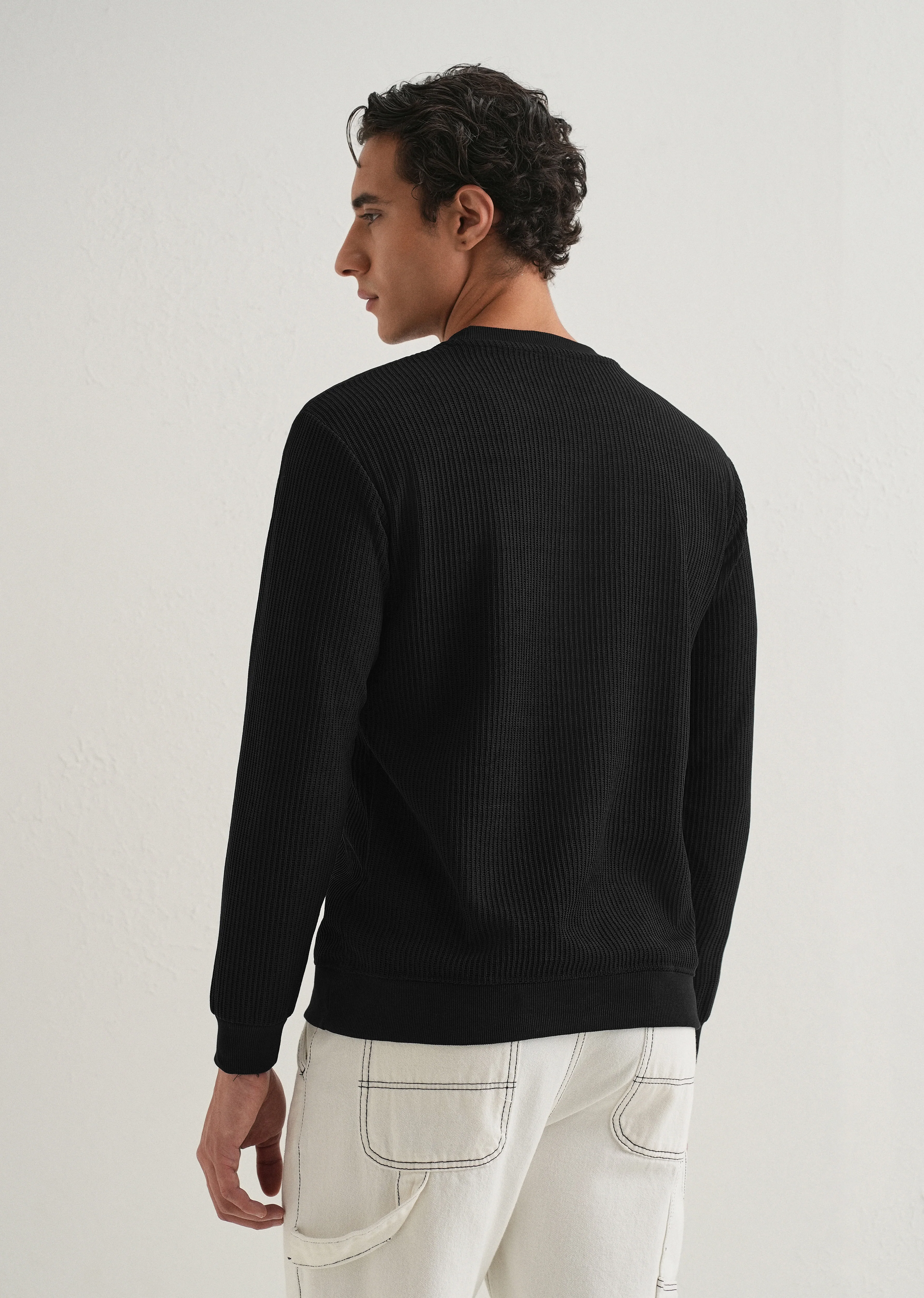 Black Waffle Knit Embroidered Pullover - Image 3