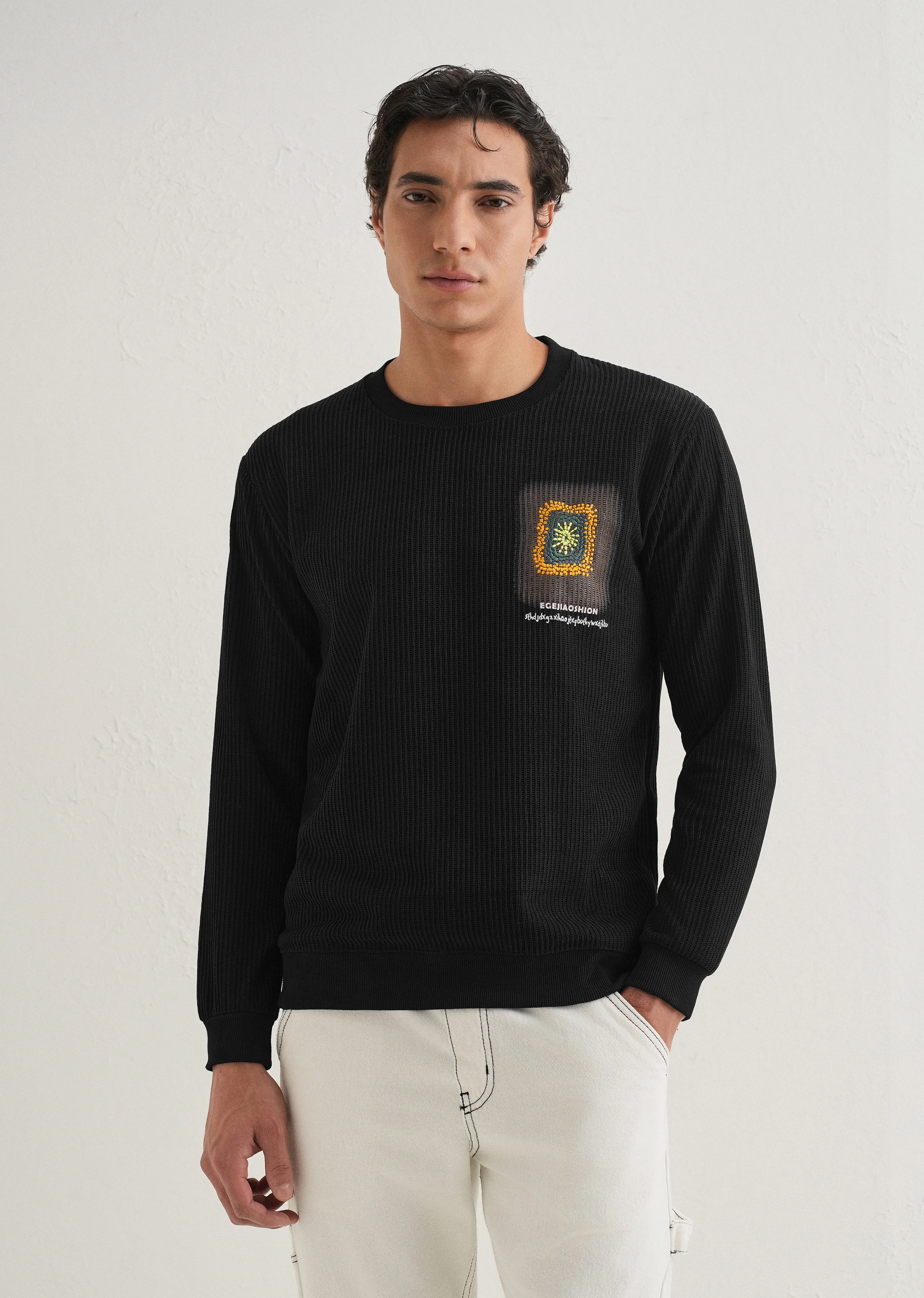 Black Waffle Knit Embroidered Pullover - Image 4