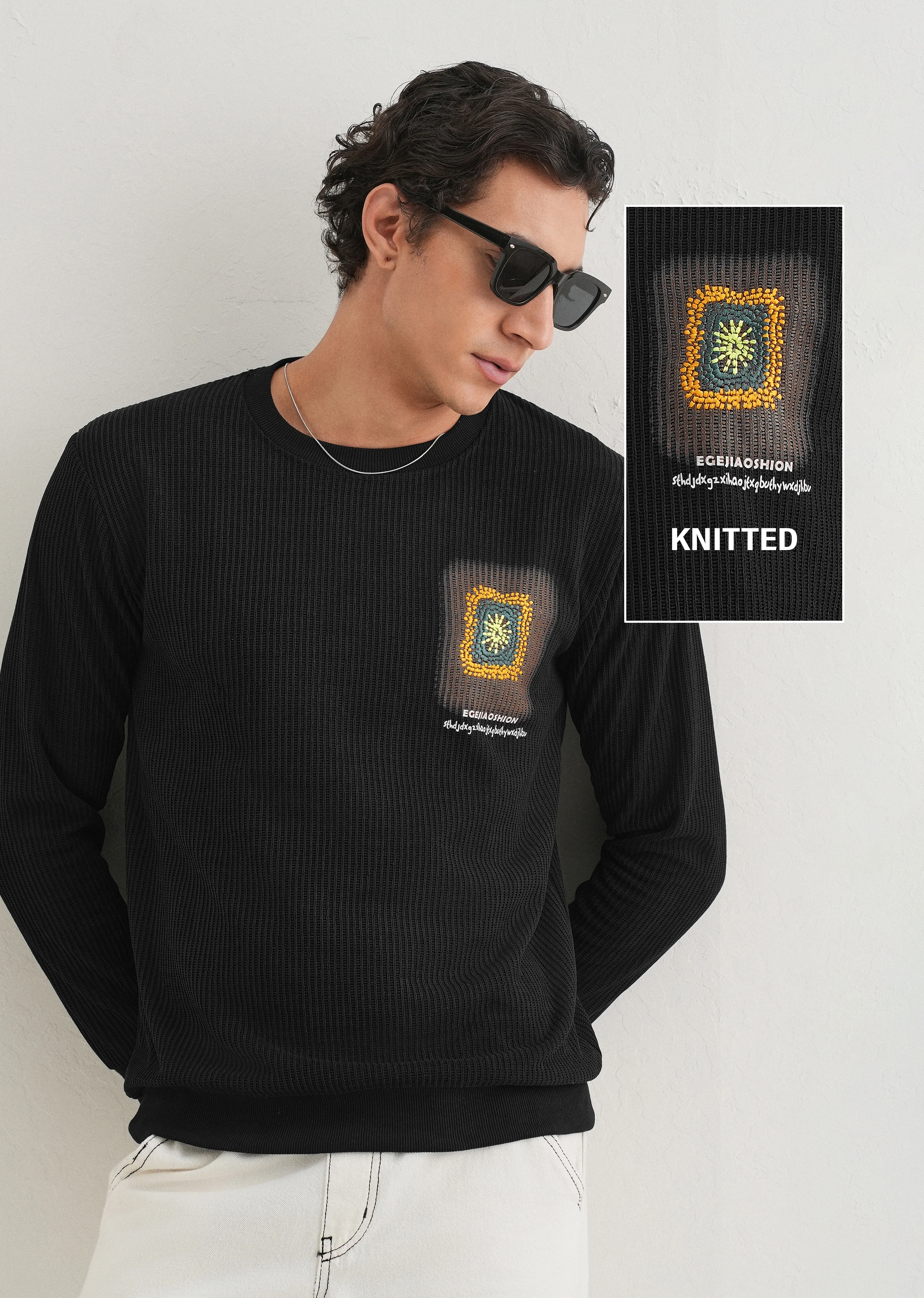 Black Waffle Knit Embroidered Pullover - Image 7