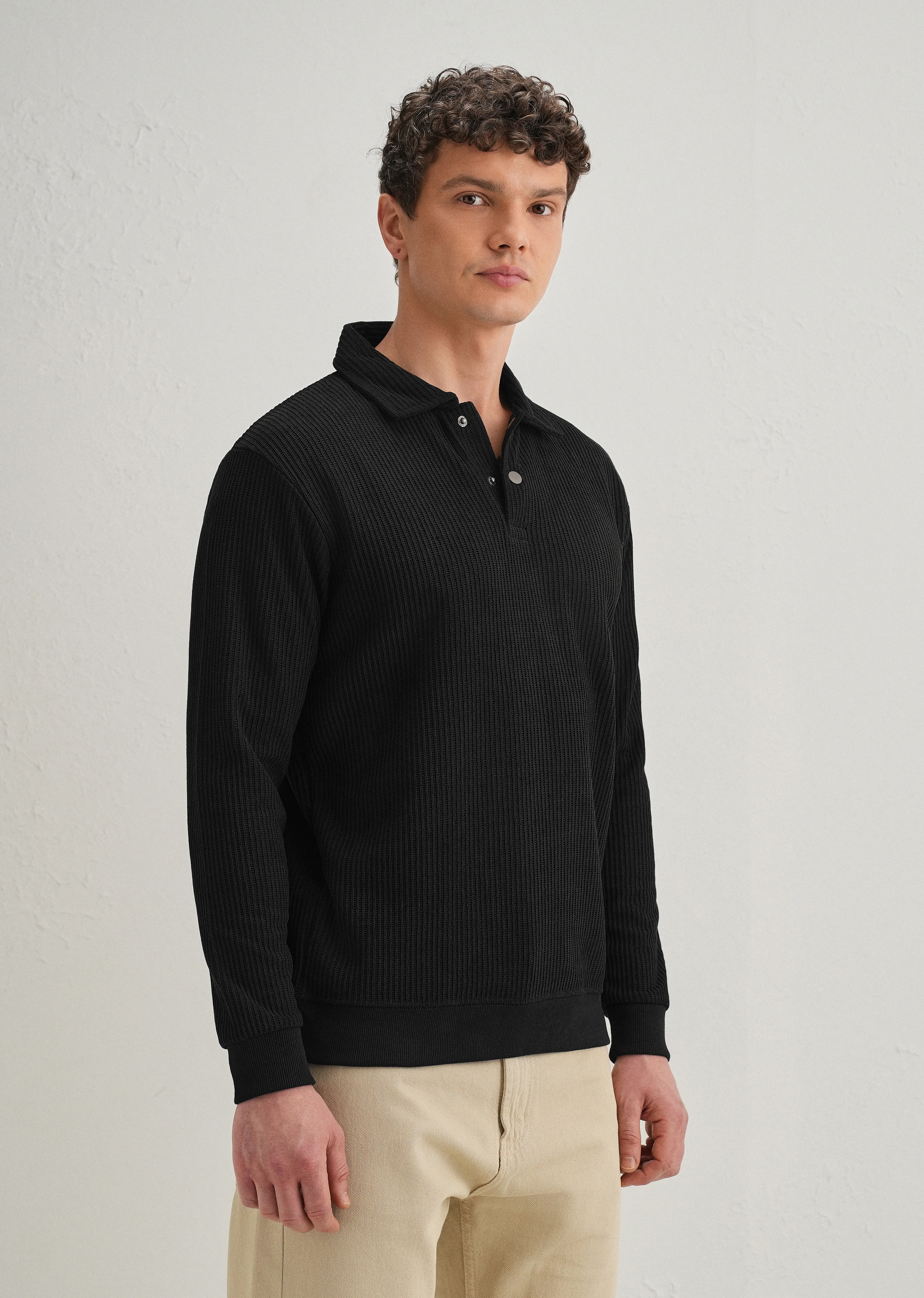 Black Waffle Knit Polo Sweatshirt - Image 7