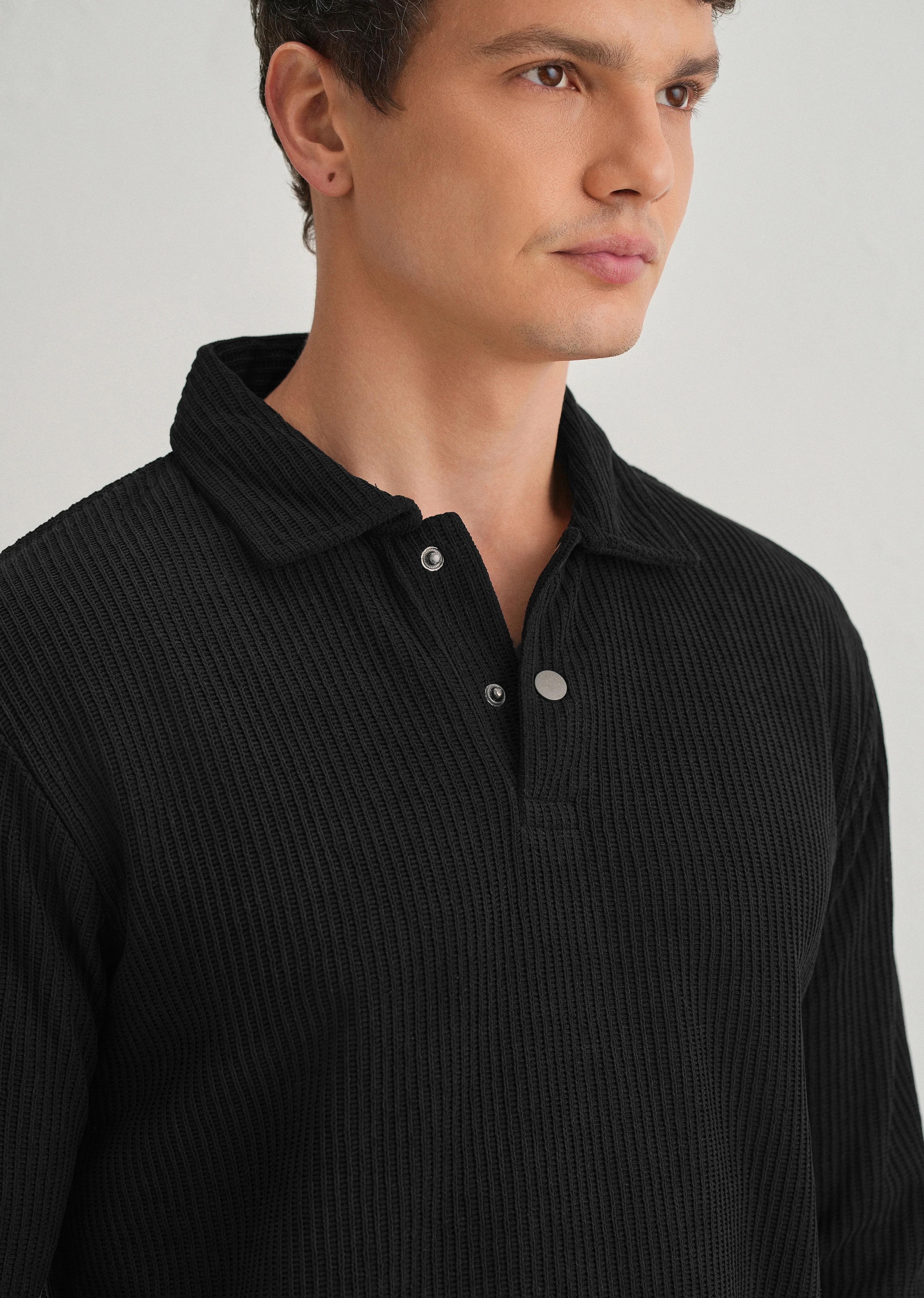 Black Waffle Knit Polo Sweatshirt - Image 8