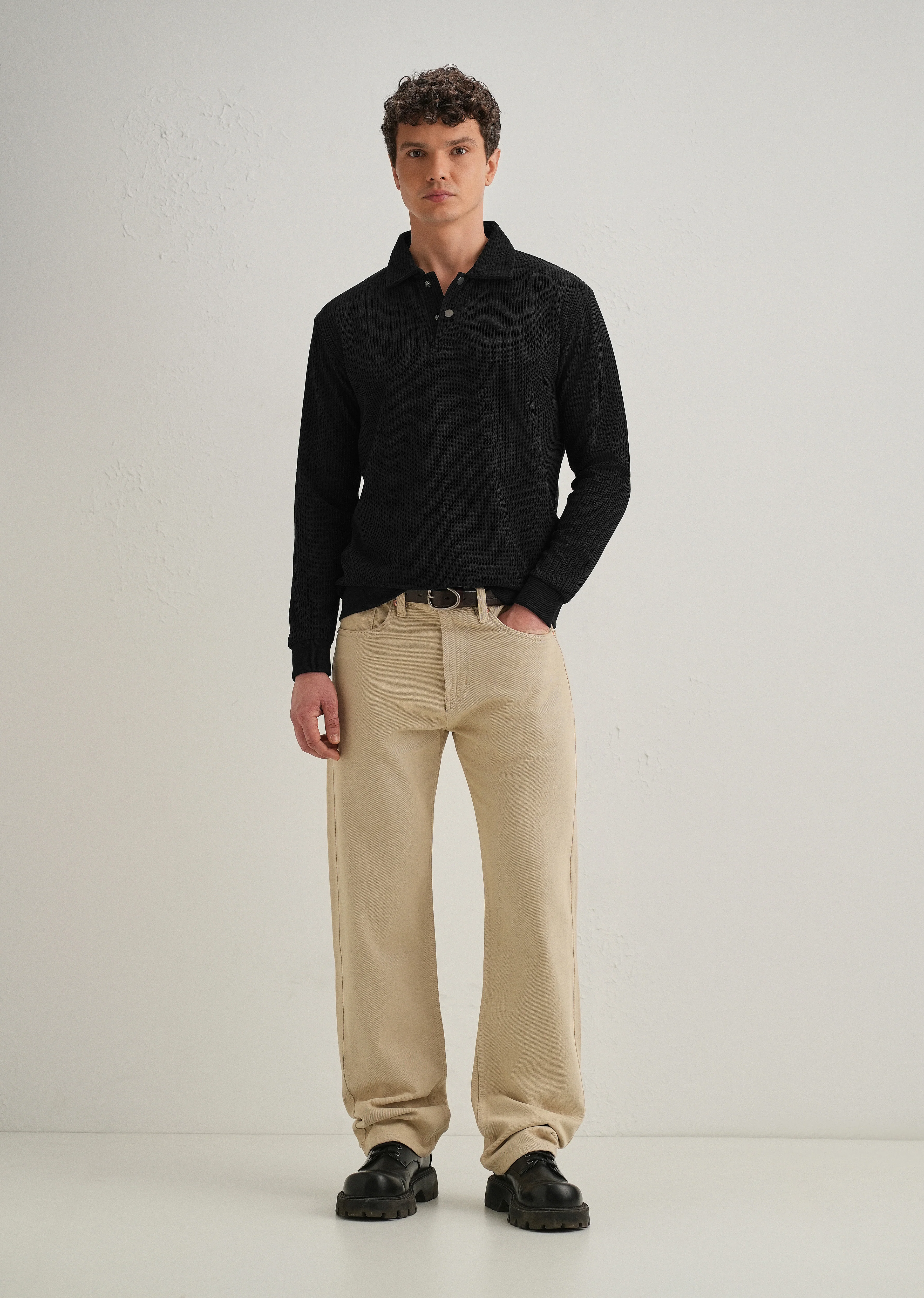 Black Waffle Knit Polo Sweatshirt - Image 9
